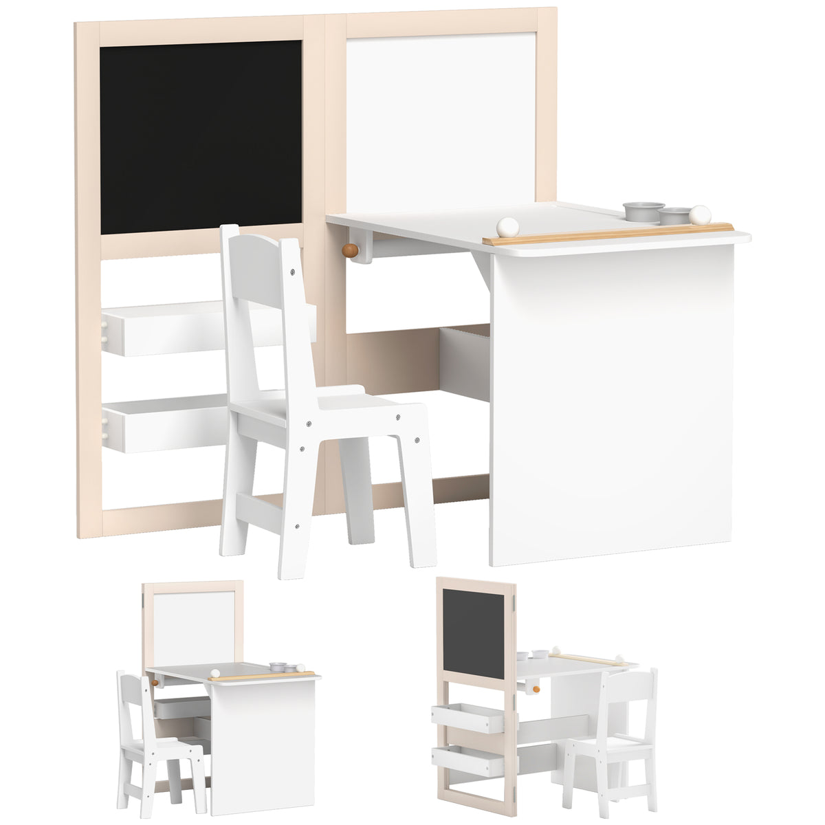Kozy 3 in 1 Kids Table and Chair Set with Storage, Whiteboard, Blackboard & Roll Paper for 3-8 Years, White