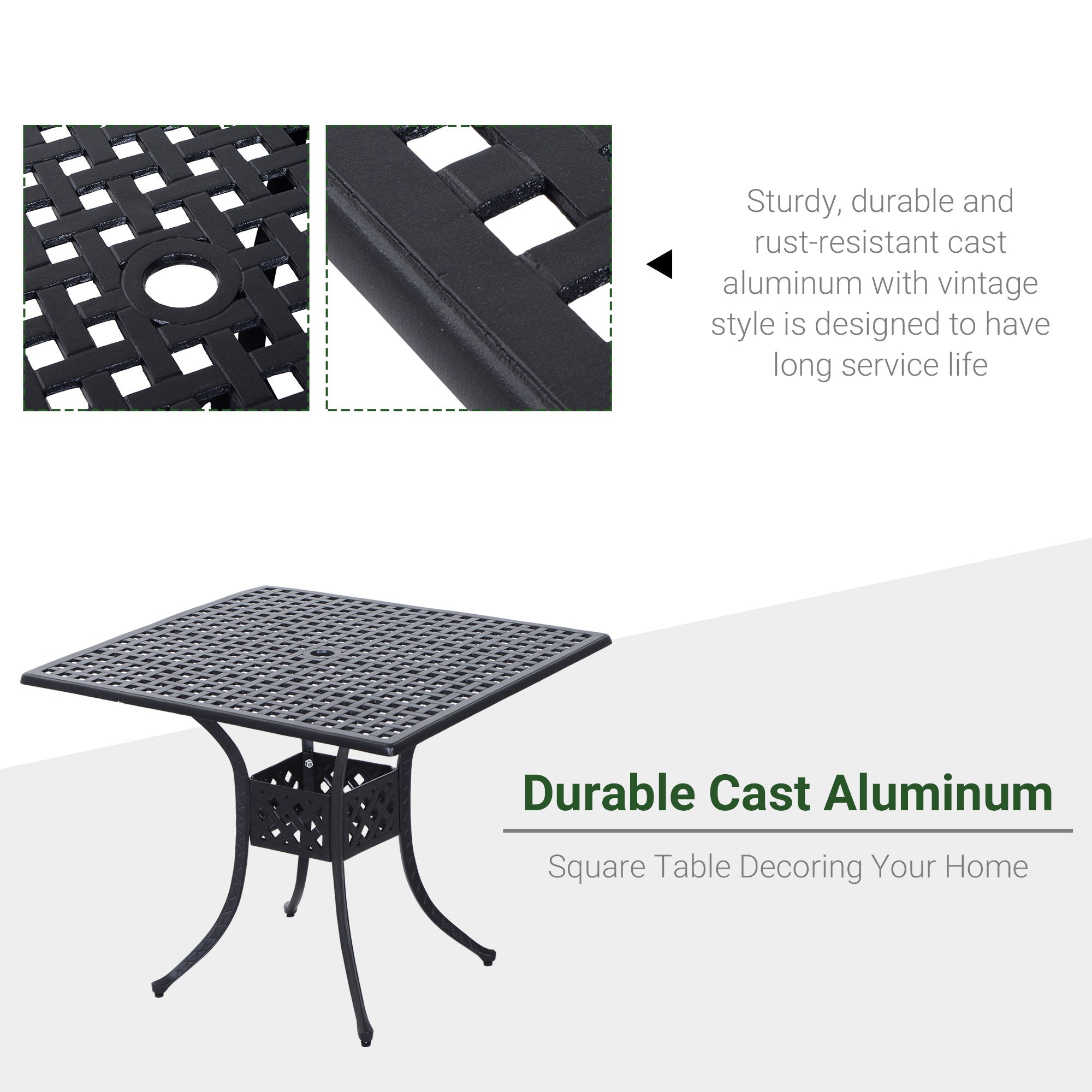 Kozy 90cm Square Garden Table with Umbrella Hole, Aluminium Grid Motif Outdoor Dining Table for Garden Patio, Black