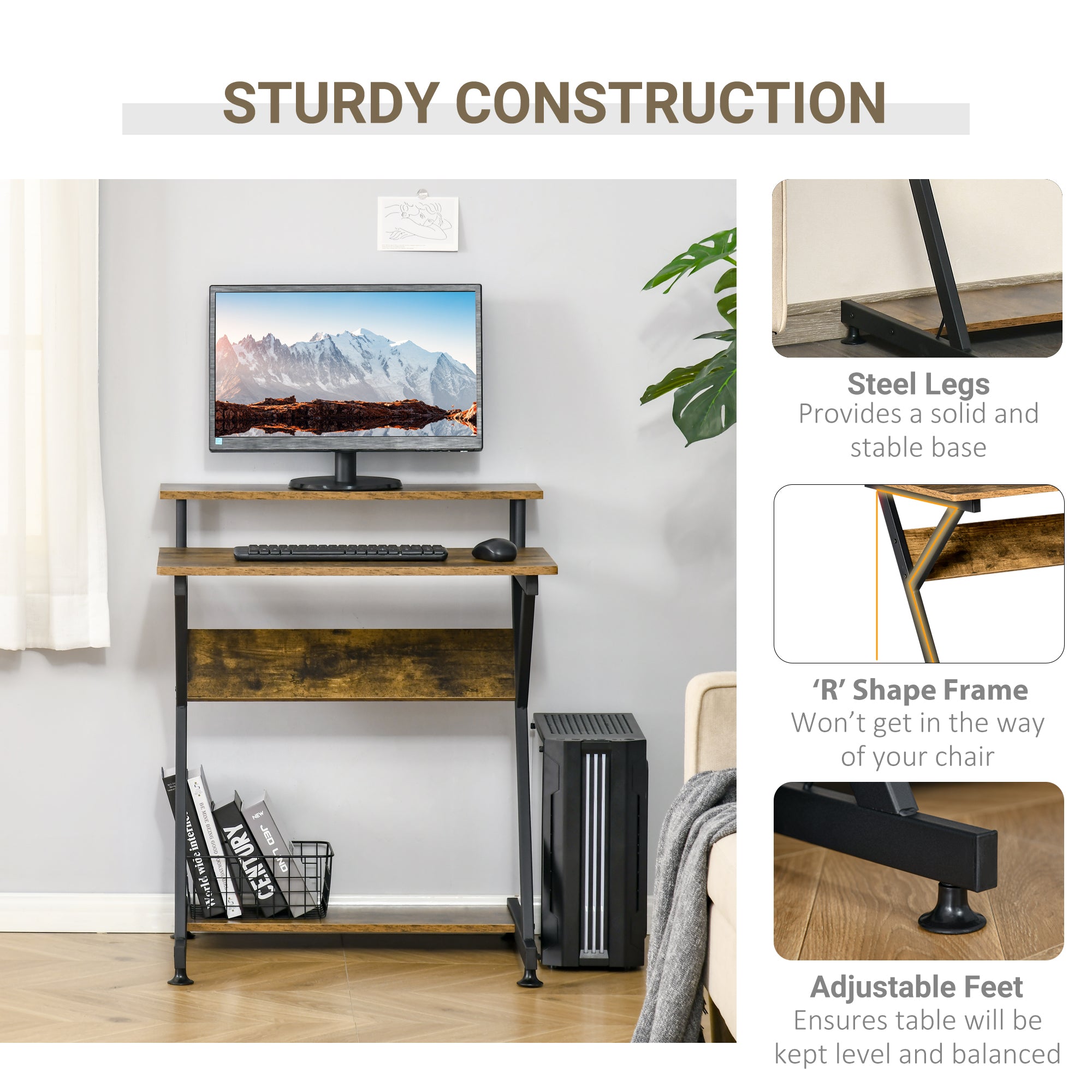 Kozy Industrial Computer Desk with Monitor Stand, 70 x 60cm Compact Desk for Small Spaces, Home Office Desk, Rustic Brown