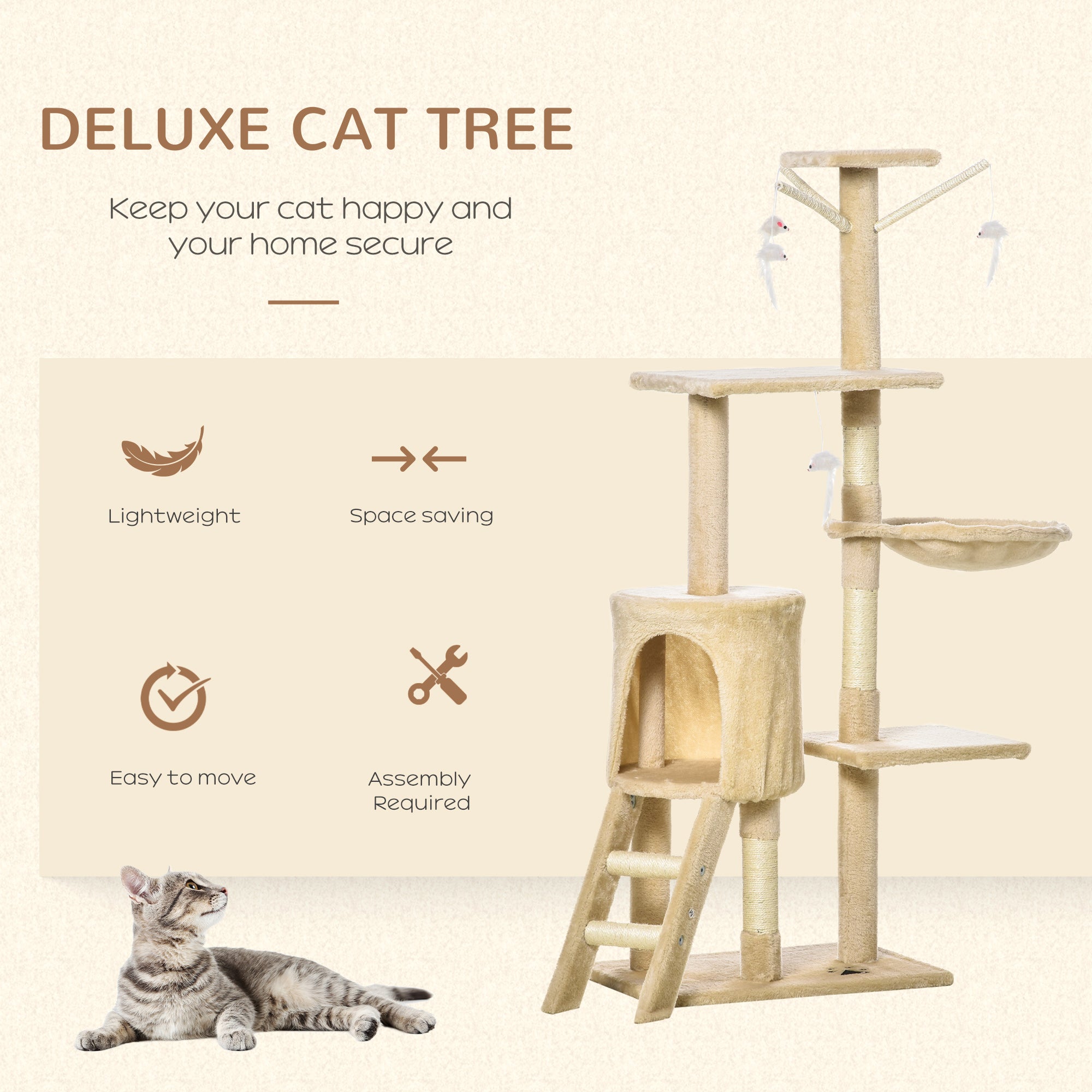 PawHut Deluxe Cat Tree House, 131cm Tall, with Scratching Posts and Cosy Perches, Sturdy Beige