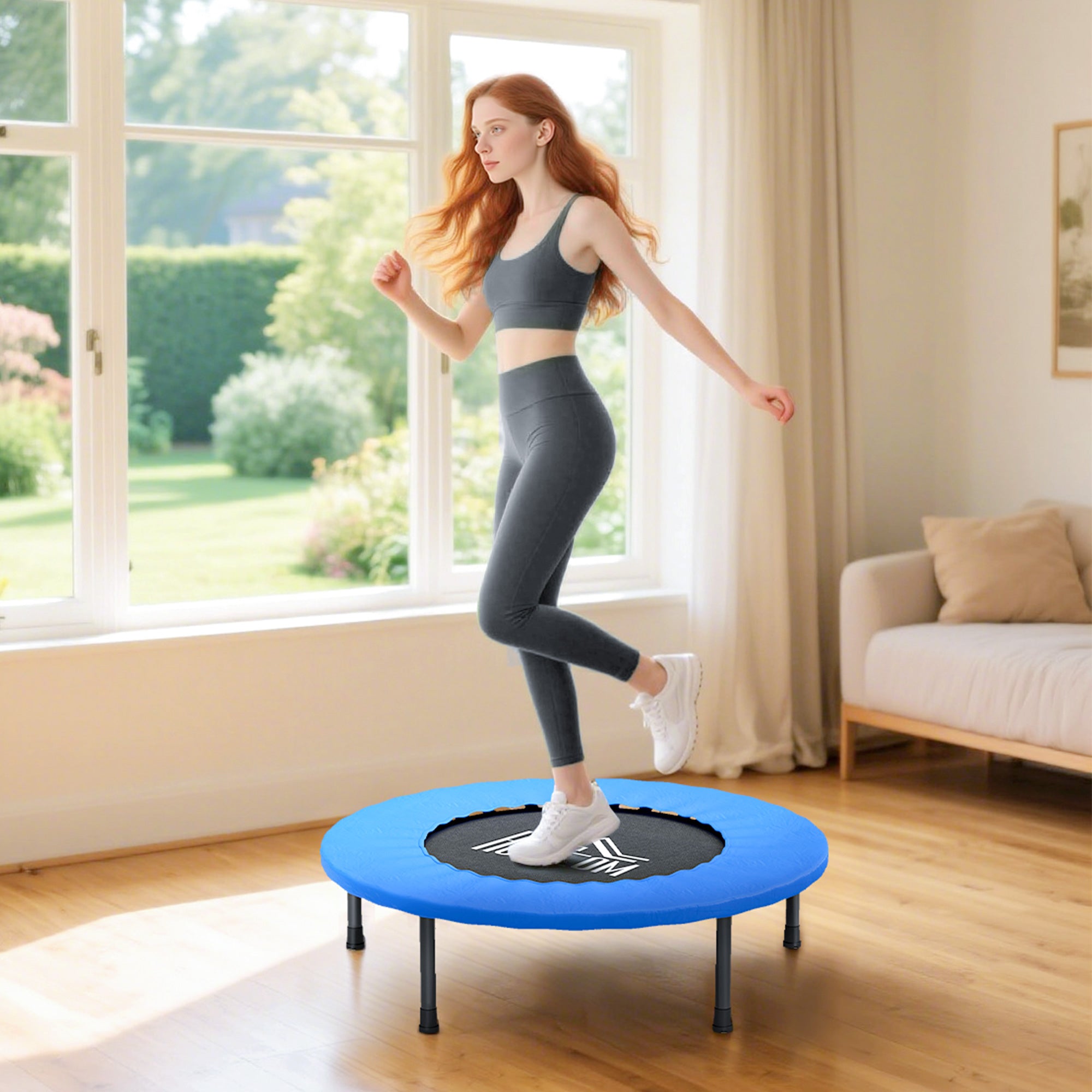 Kozy 32" Mini Fitness Trampoline Home Gym Yoga Exercise Rebounder Indoor Outdoor Jumper with Safety Pad, Support Up to 100 KG, Blue and Black