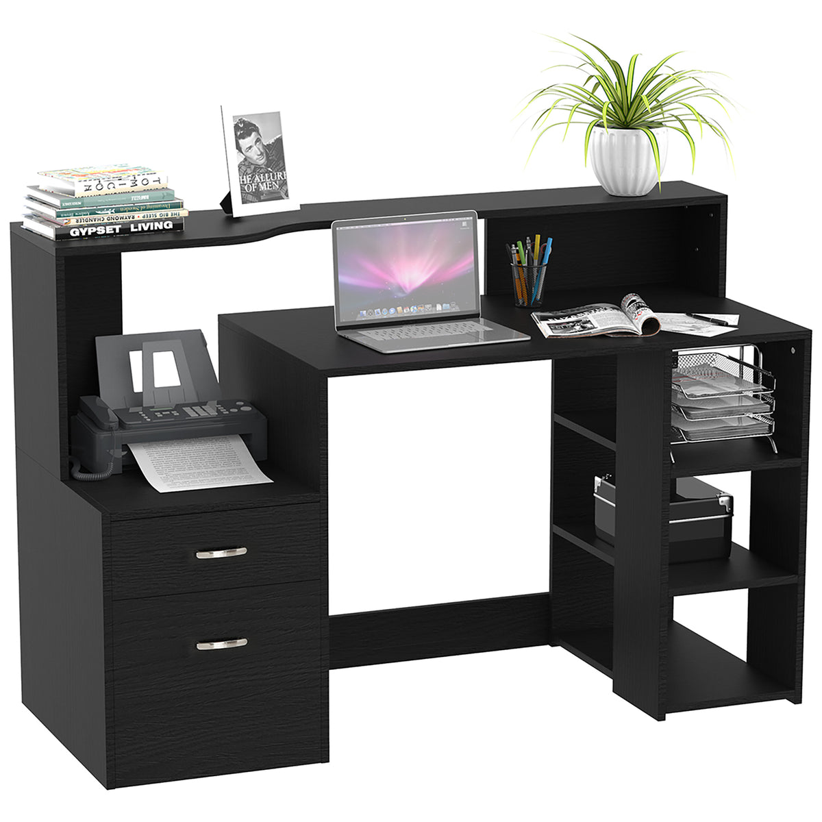 Kozy Computer Desk with Drawers and Storage Shelves, Office Desk Writing Table with Printer Stand, Large Workstation for Study Play Work Home Office, 137 x 55 x 92cm, Black