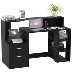 Kozy Computer Desk with Drawers and Storage Shelves, Office Desk Writing Table with Printer Stand, Large Workstation for Study Play Work Home Office, 137 x 55 x 92cm, Black