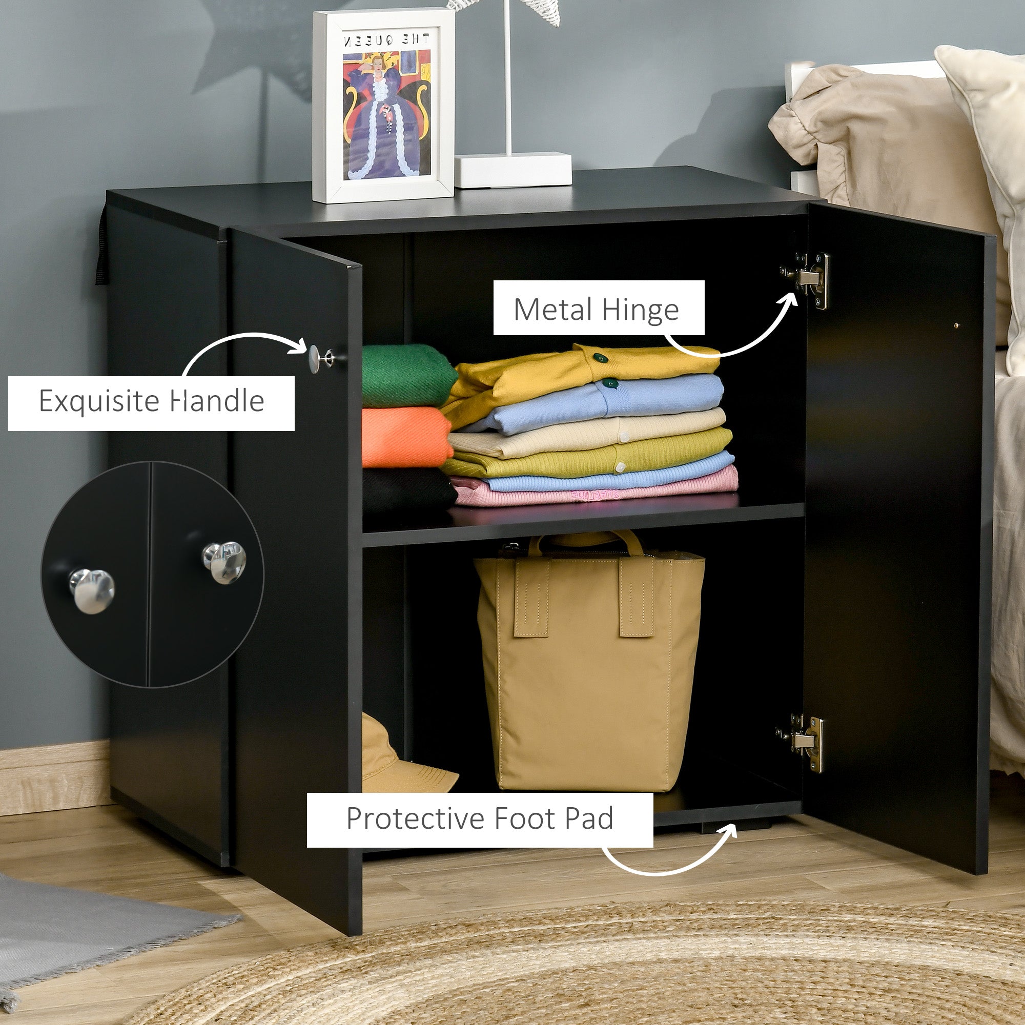 HOMCOM Wooden Storage Cabinet, Two Shelves Sideboard, Freestanding Kitchen Cupboard, Bookcase for Living Space, Black | Aosom UK