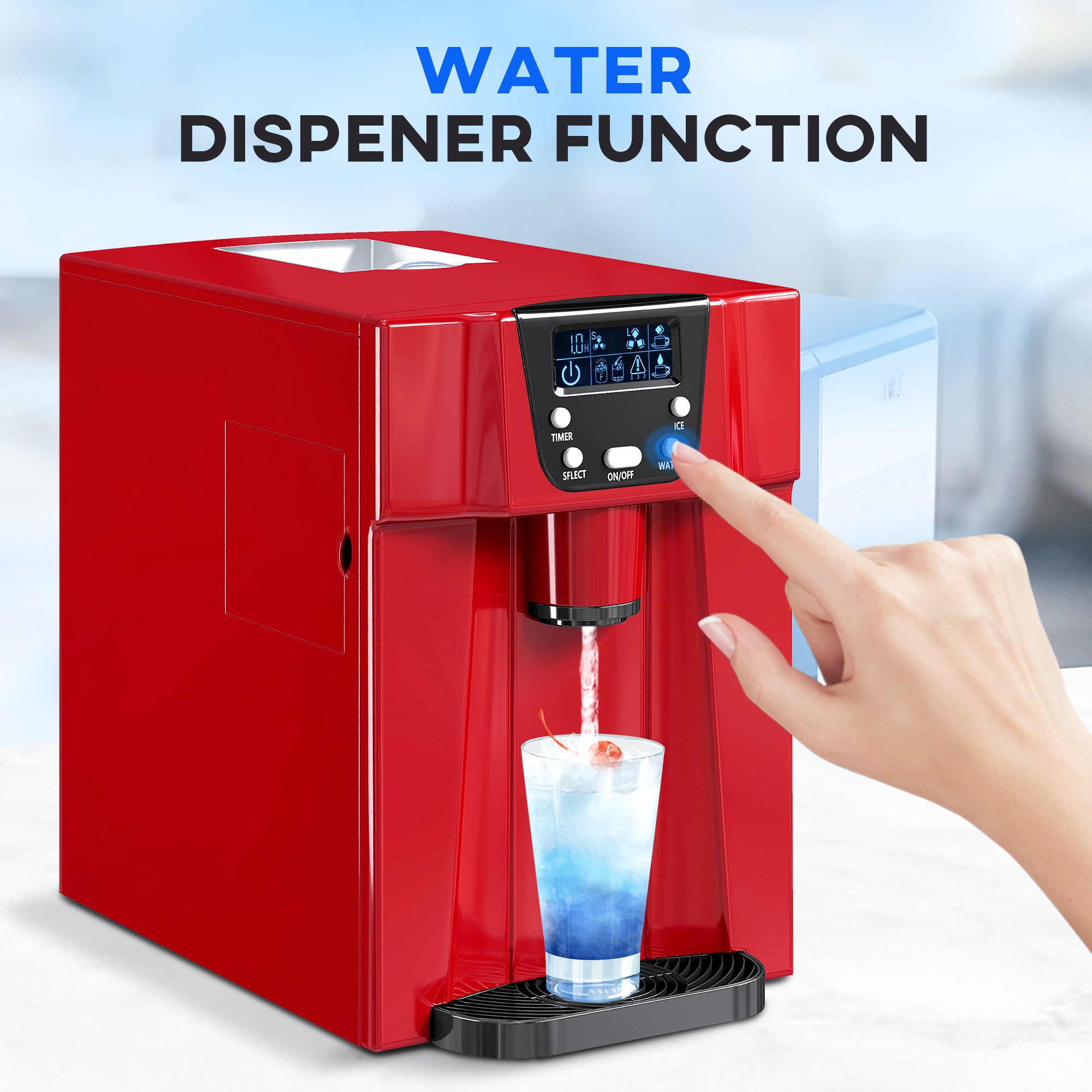 Kozy - 3L Ice Maker Machine and Water Dispenser, 12kg in 24H, 2 Sizes 9 Ice Cubes Ready in 6-10 Mins Ice Machine, Red