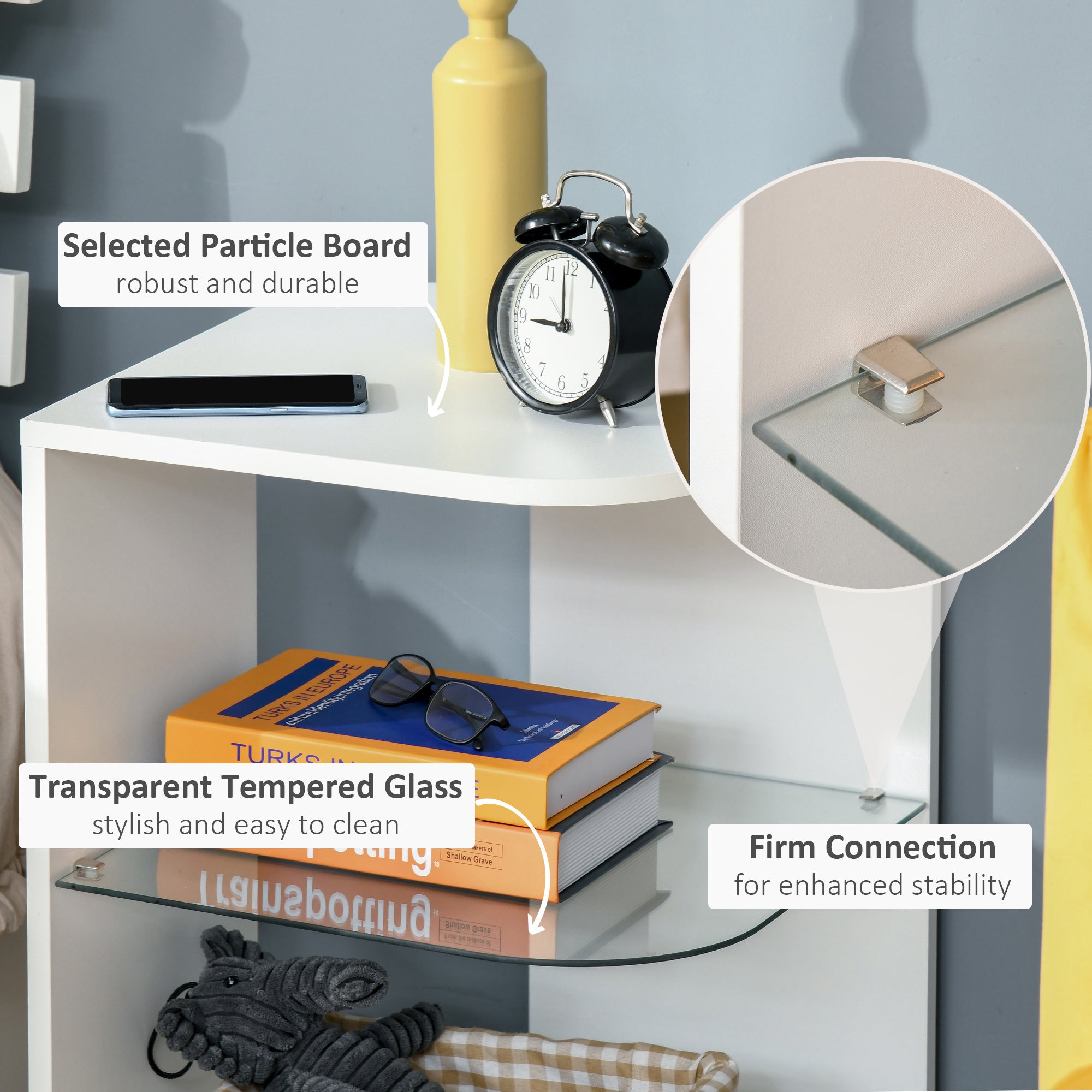 Kozy Modern Side Table Three Layer Bedside Table Nightstand with 2 Storage Shelves, for Living room, Bedroom, White