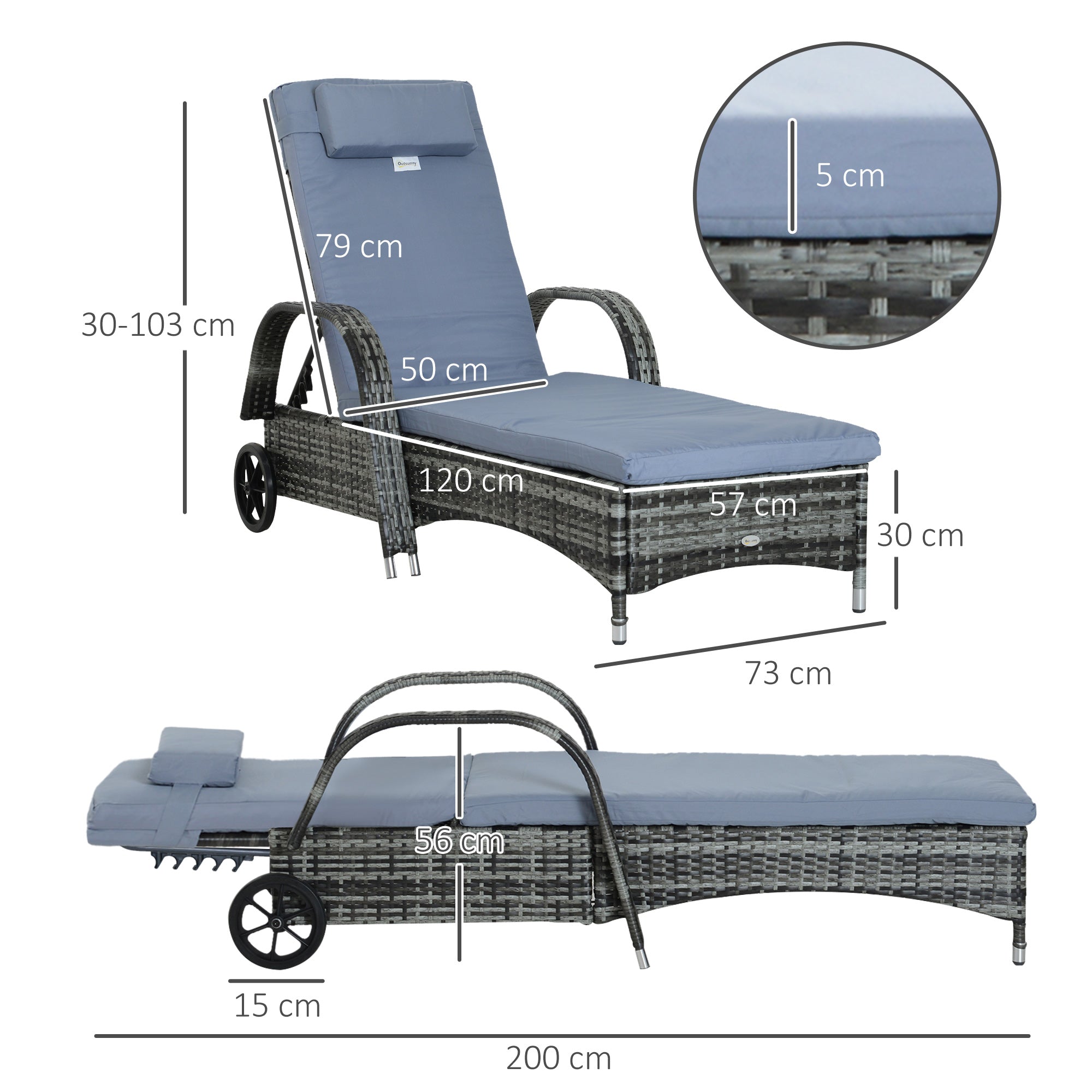 Outsunny Garden Rattan Furniture Single Sun Lounger Recliner Bed Reclining Chair Patio Outdoor Wicker Weave Adjustable Headrest