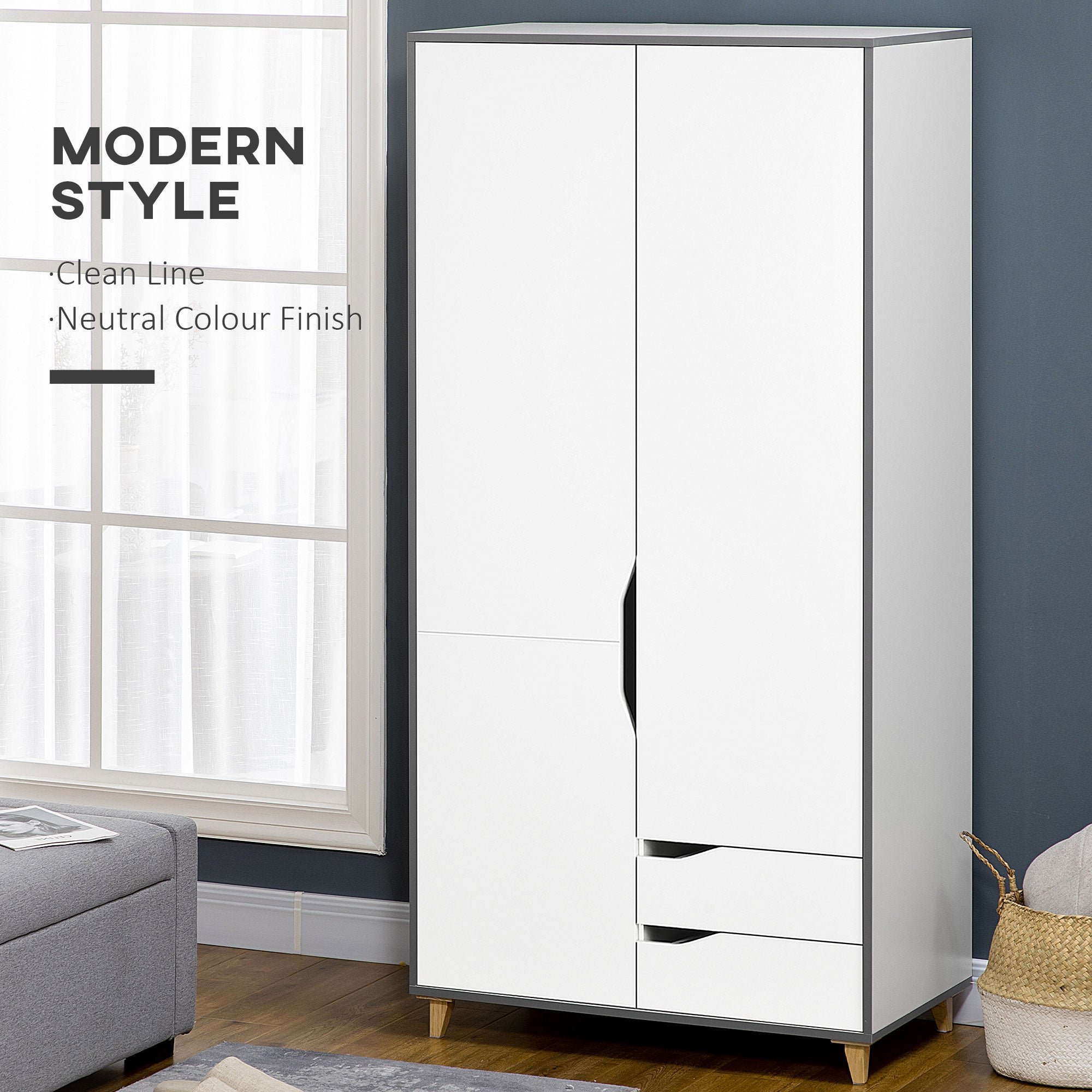 Kozy Wardrobe with 2 Doors, 2 Drawers, Hanging Rail, Shelves for Bedroom Clothes Storage Organiser, 89x50x185cm, White