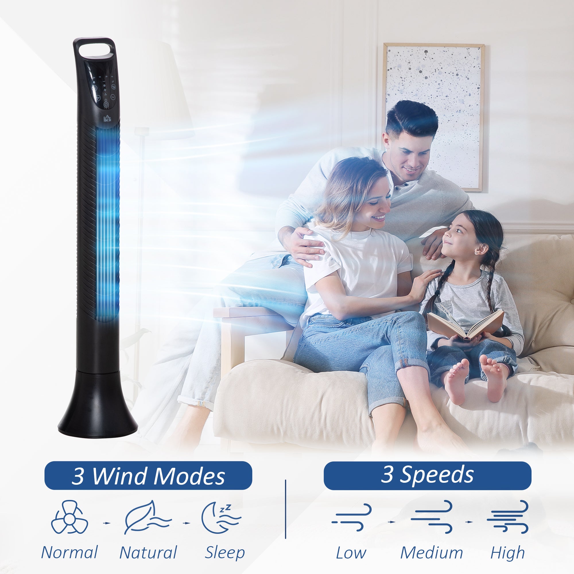 HOMCOM 36'' Tower Fan, Oscillating, 3 Speeds, 3 Modes, 7.5h Timer, LED Display, Remote Control, Black