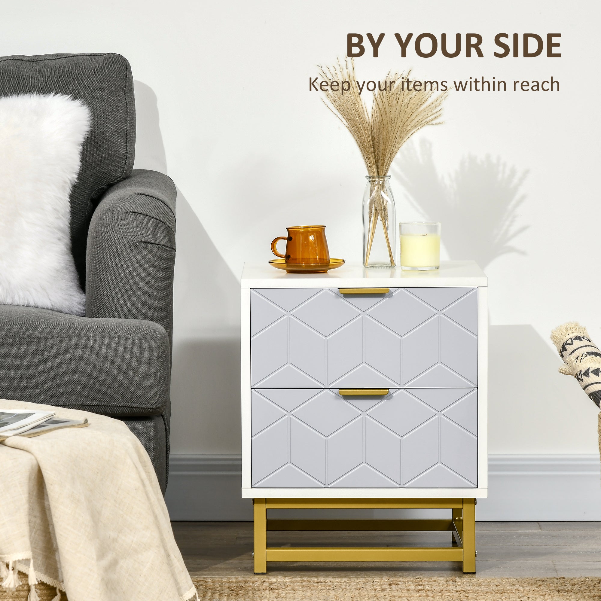 Kozy Bedside Table with 2 Drawers, Side Table, Bedside Cabinet with Steel Frame for Living Room, Bedroom, Grey and White