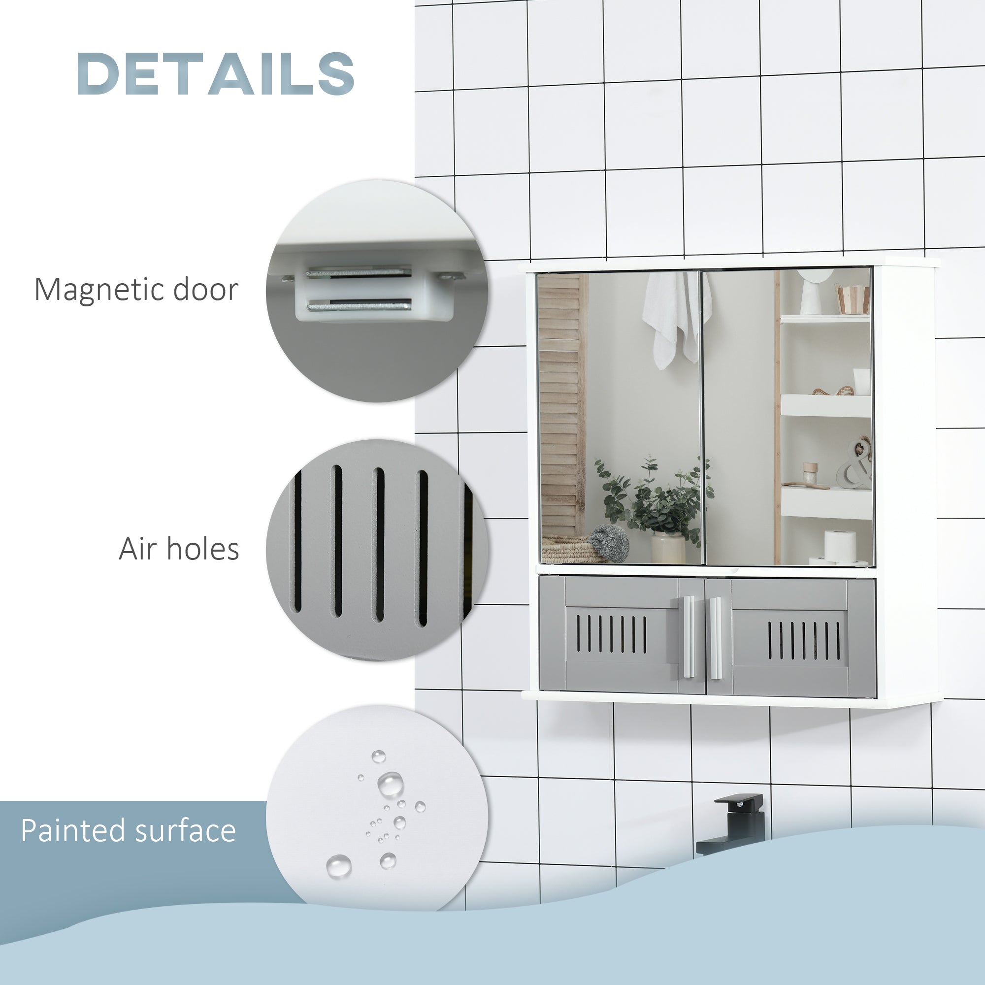 Kozy Bathroom Mirror Cabinet, Wall Mounted Storage Cupboard with Double Doors and Adjustable Shelf, Bathroom Organizer, Grey