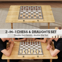 Kozy 15 Inch Chess Set, Foldable Chess and Draughts Set, Brown