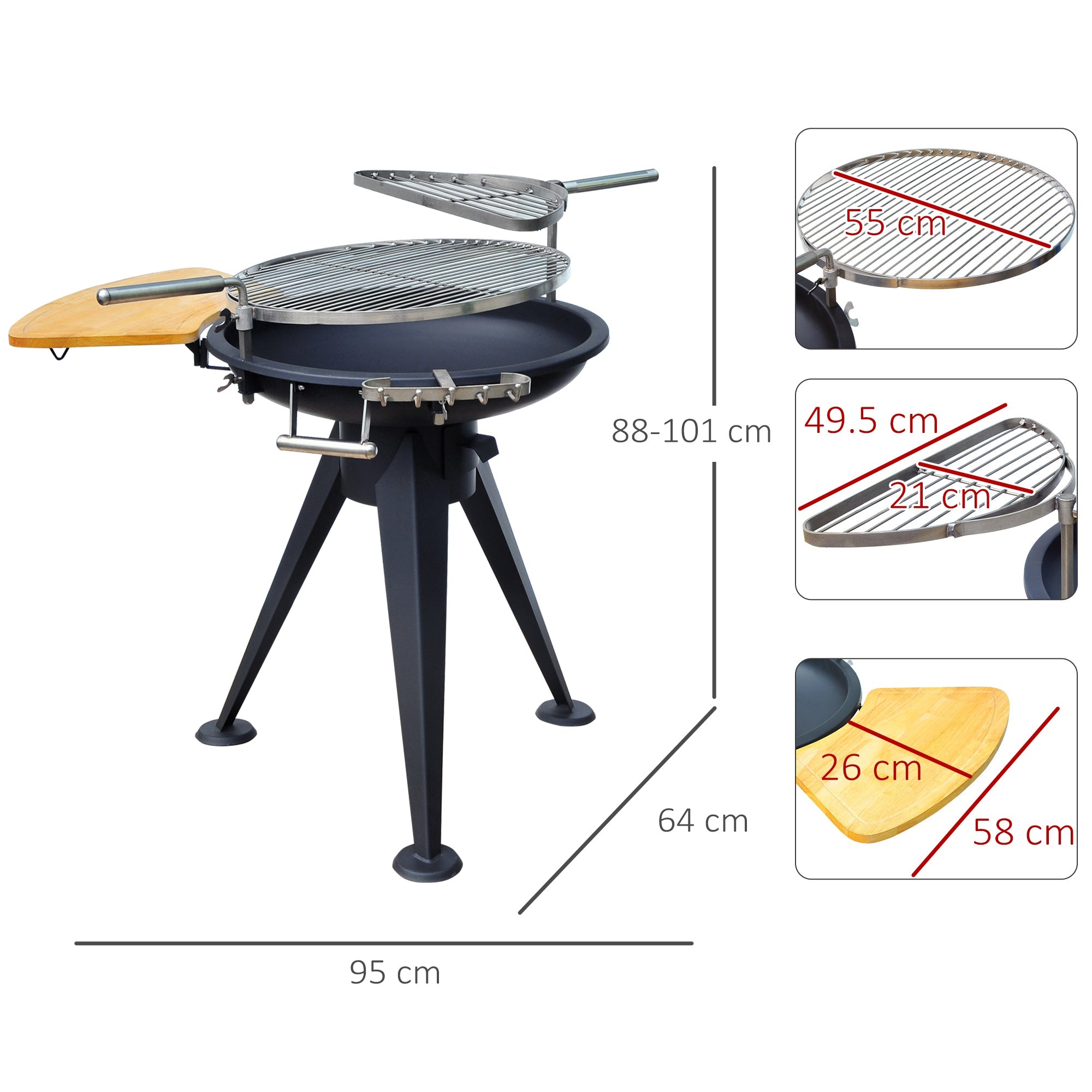 Outsunny Charcoal BBQ Outdoor Garden Adjustable Barbecue Double Grill Party Cooking Fire Pit with Cutting Board - Black | Aosom UK