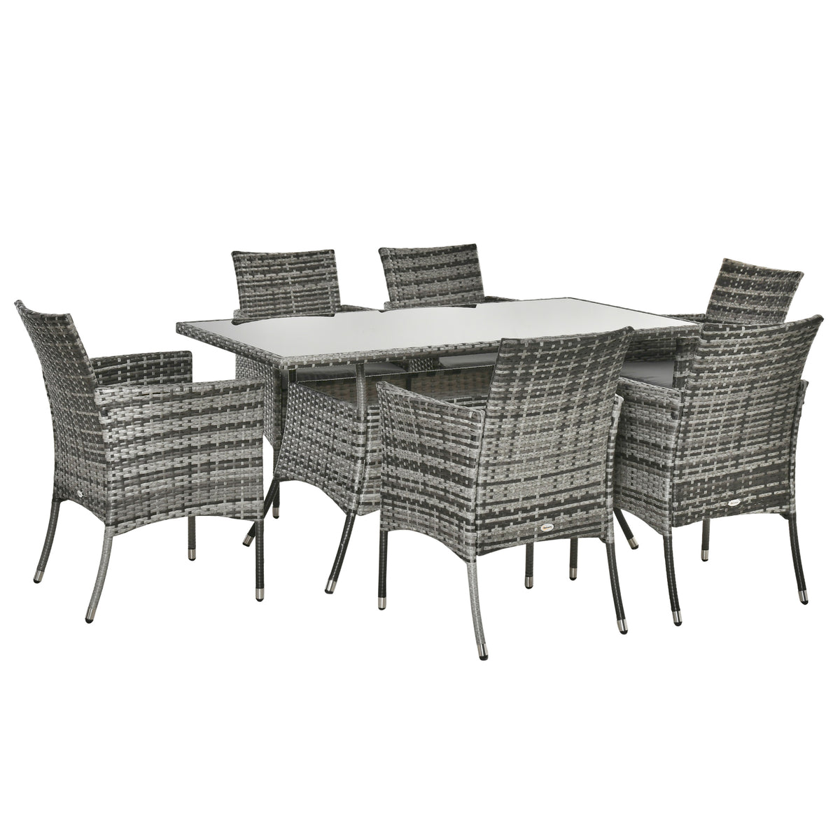 Kozy 7-Piece Rattan Garden Furniture Set with Cushions, 6 Seater Garden Table and Chairs, Rattan Dining Set with 6 Armchairs, Rectangular Glass Top Table, Grey