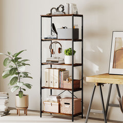 Kozy 5-Tier Bookshelf, Industrial Bookcase with Metal Frame - Rustic Brown and Black