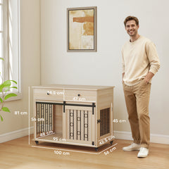 Kozy Dog Crate Furniture on Wheels, Dog Cage with 2 Drawers, Sliding Door, for Medium Large Dogs, Oak Tone