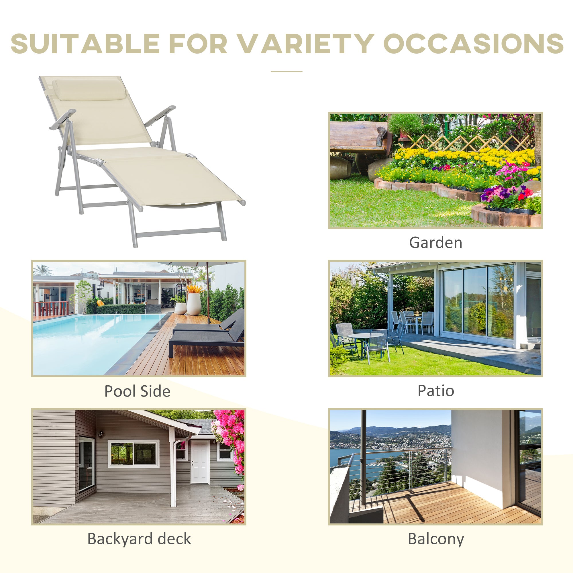 Kozy Steel Fabric Sun Lounger Outdoor Folding Chaise Lounge Chair Recliner with Portable Design & 7 Adjustable Backrest Positions - Beige