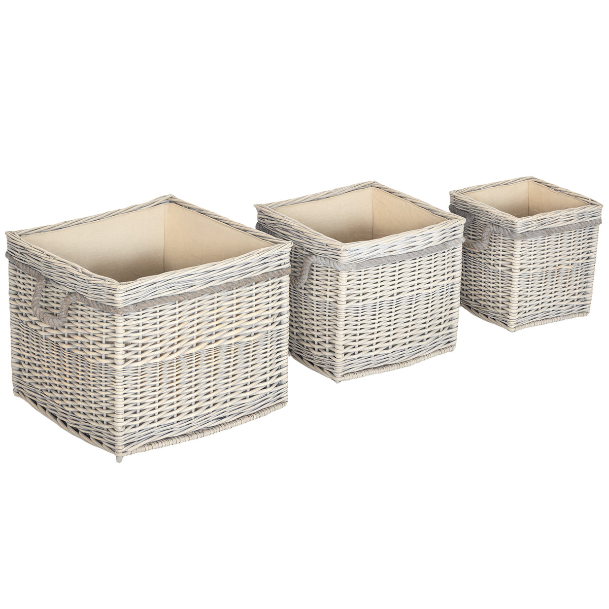 Kozy - Set of 3 Log Baskets for Wood Burner Indoor, Round Storage Basket with Lining and Rope Handles for Fireside Storage, Blankets, Beige