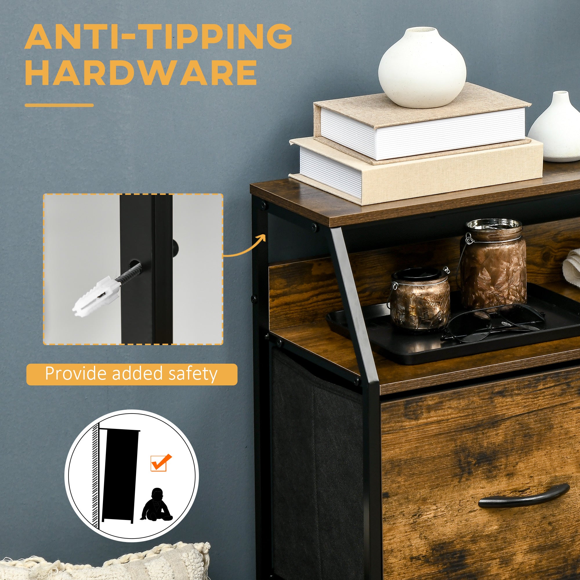 Kozy Bedroom Chest of Drawers, Industrial 5 Fabric Drawer Dresser with Open Shelf for Living Room, Rustic Brown