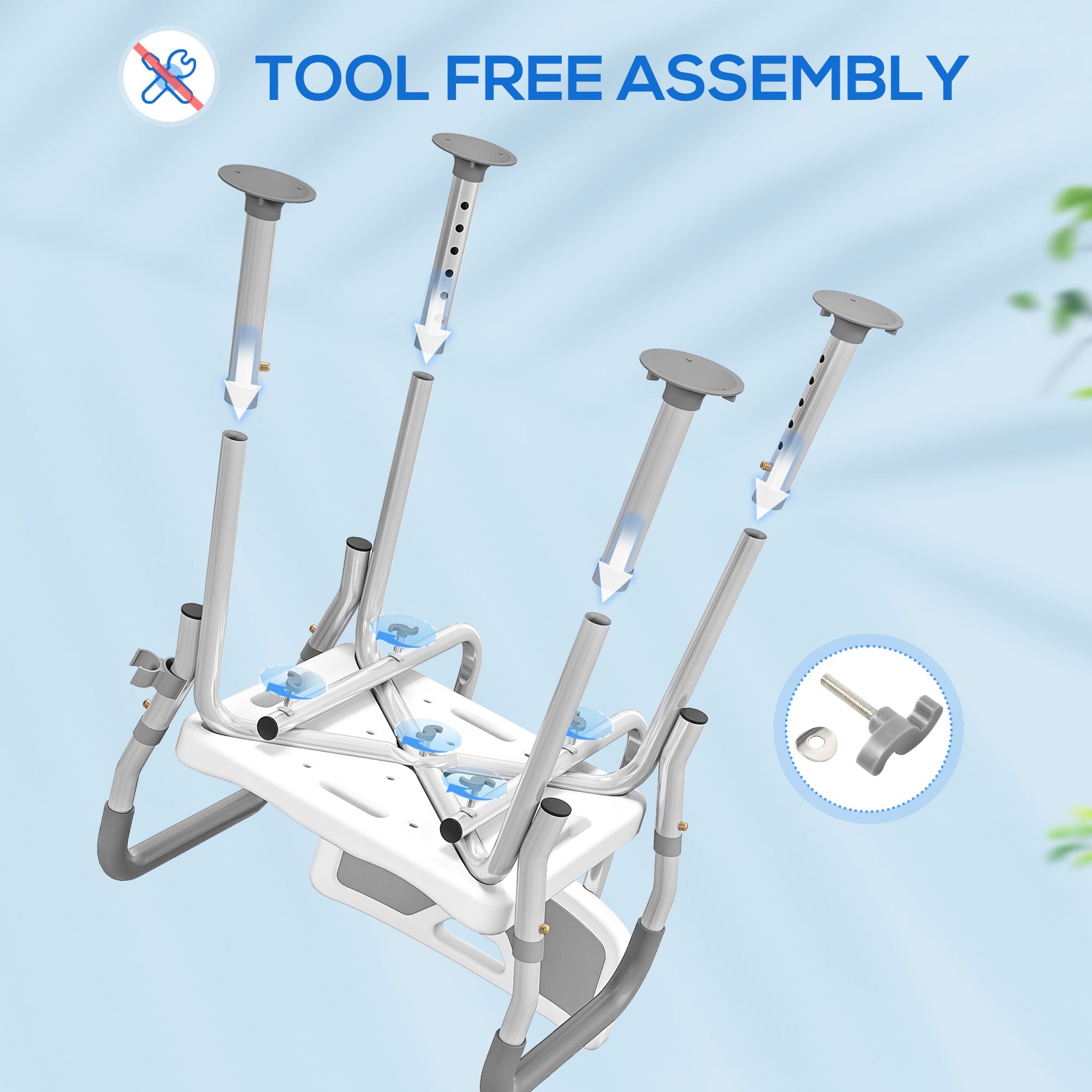 Kozy - EVA Padded Shower Chair for the Elderly and Disabled, Height Adjustable Shower Stool with Back and Arms, 4 Suction Foot Pads, Light Grey