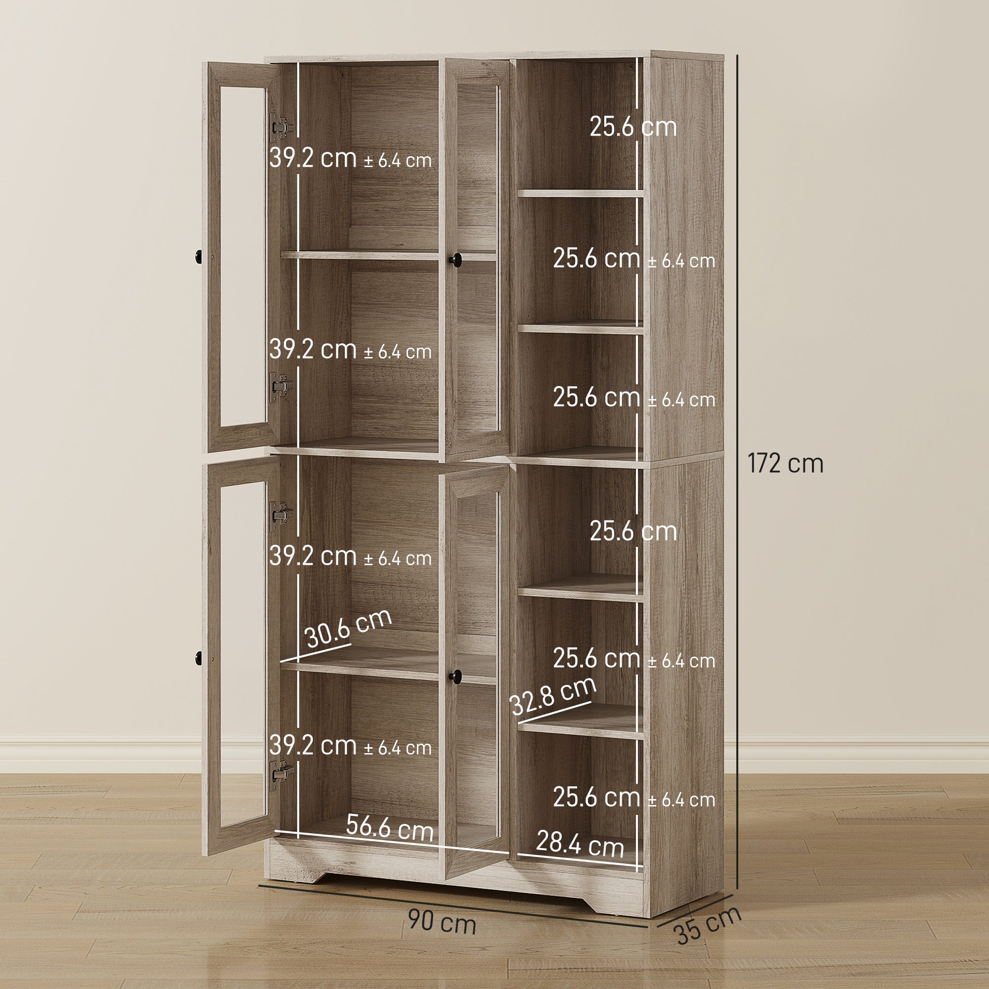 Kozy Multi-Storage Kitchen Cabinet, with Glass Doors - Grey Wood-Effect