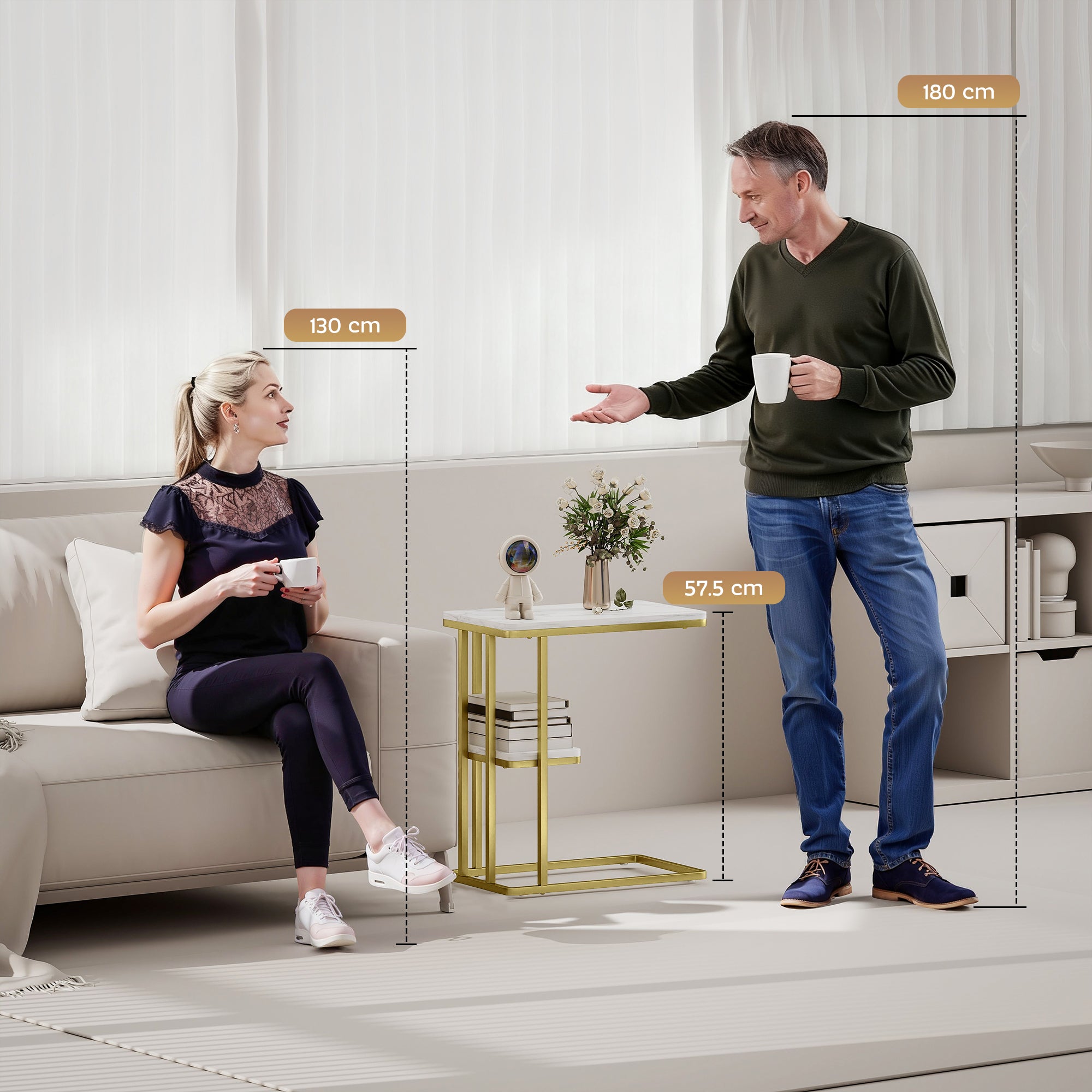 Kozy C-Shaped Narrow Side Table, 2-Tier Slim End Table, Nightstand for Small Spaces, Living Room, Bedroom, White Marble Grain