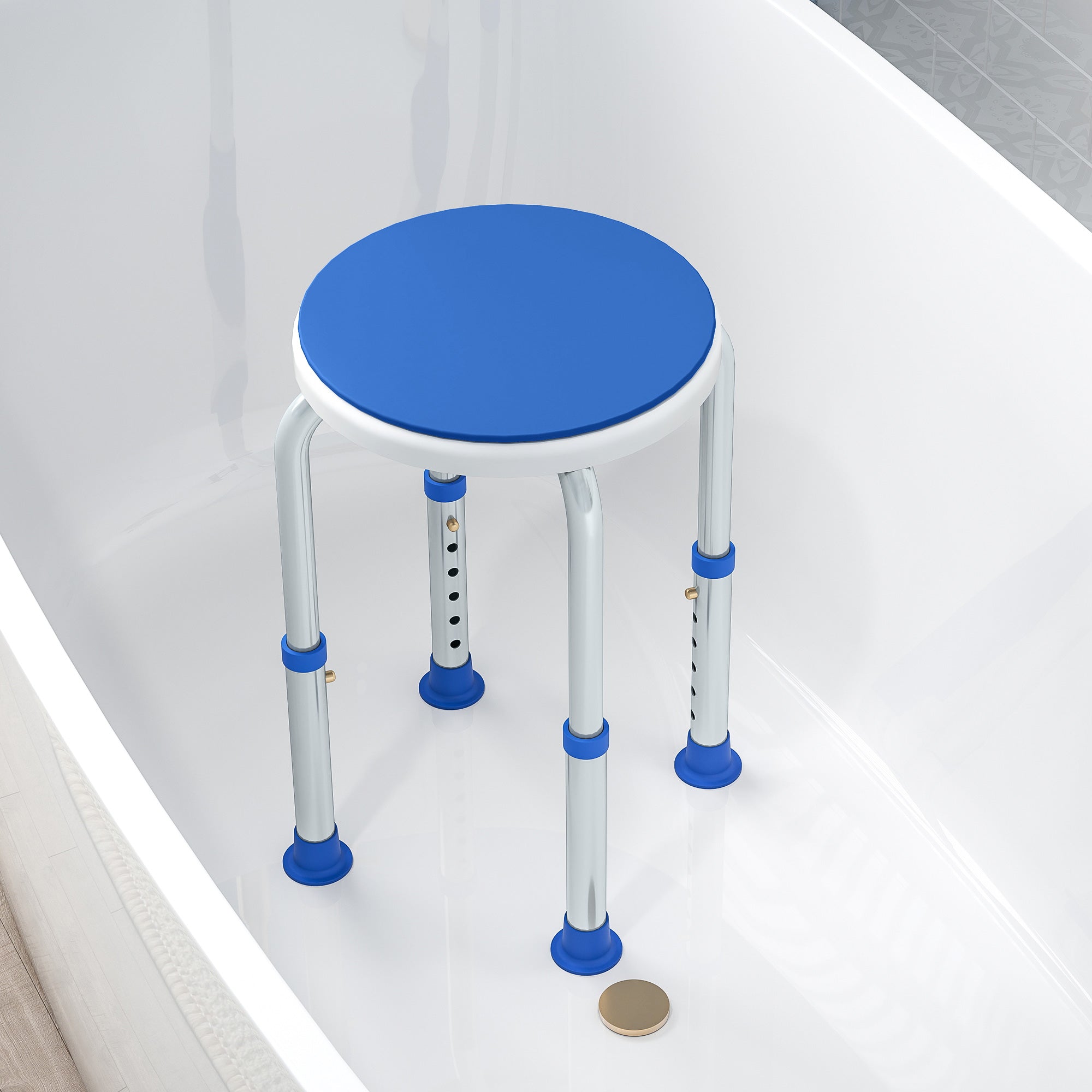 Kozy - 360° Swivel Shower Chair, Height Adjustable Aluminium Shower Stool with Non-Slip Feet for Disabled, Elderly, Blue