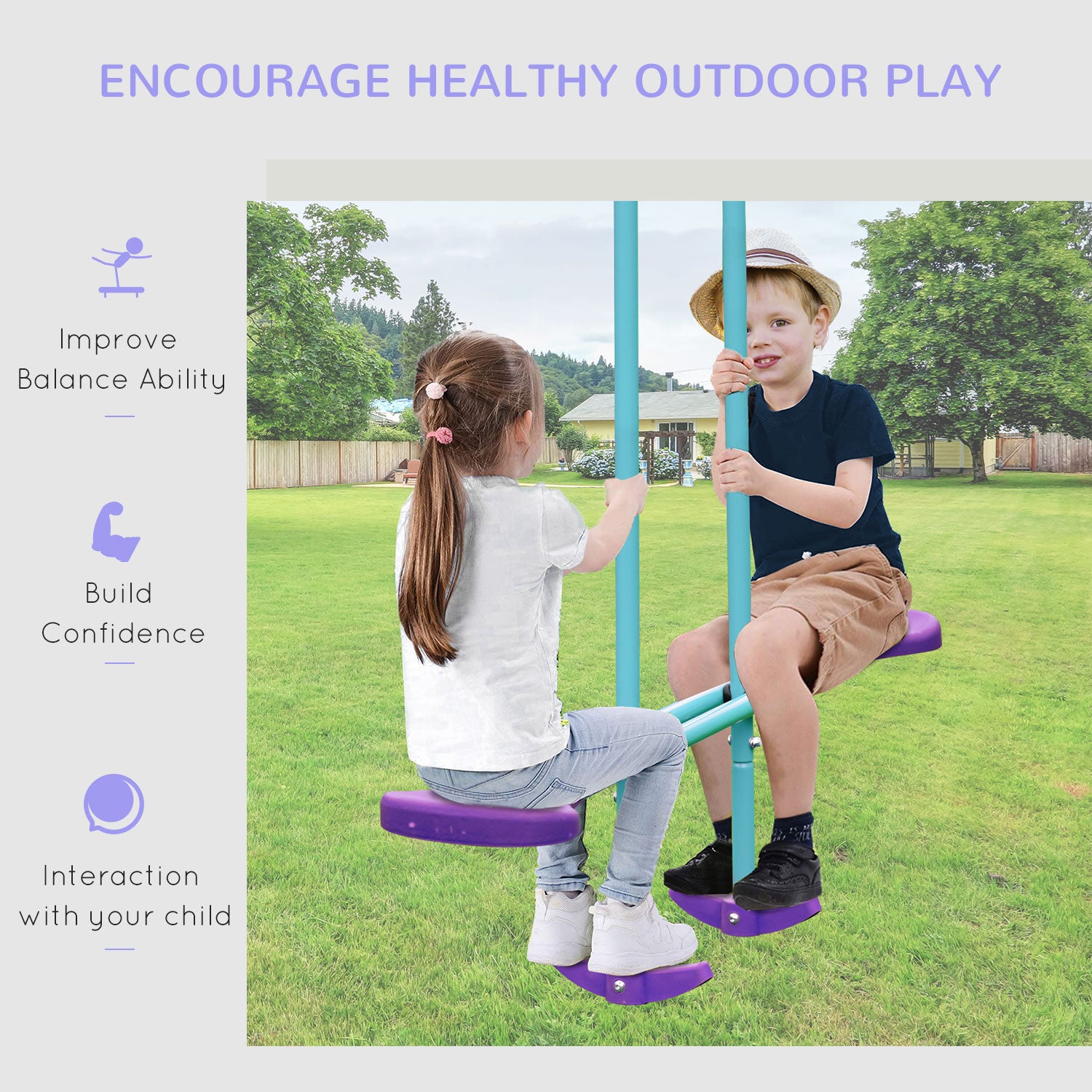 Kozy Metal Swing Set, with Seesaw, Adjustable Height, for Ages 3+ Years, Purple