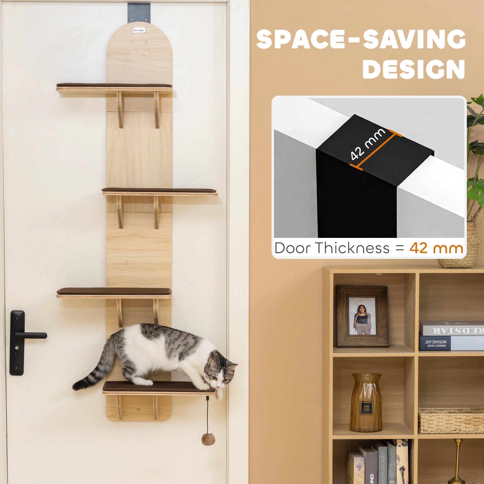 Kozy - 4-Level Door Mounted Cat Tree with Washable Plush Mats, Toy Balls, Door Hanging Cat Shelf for Indoor Cats