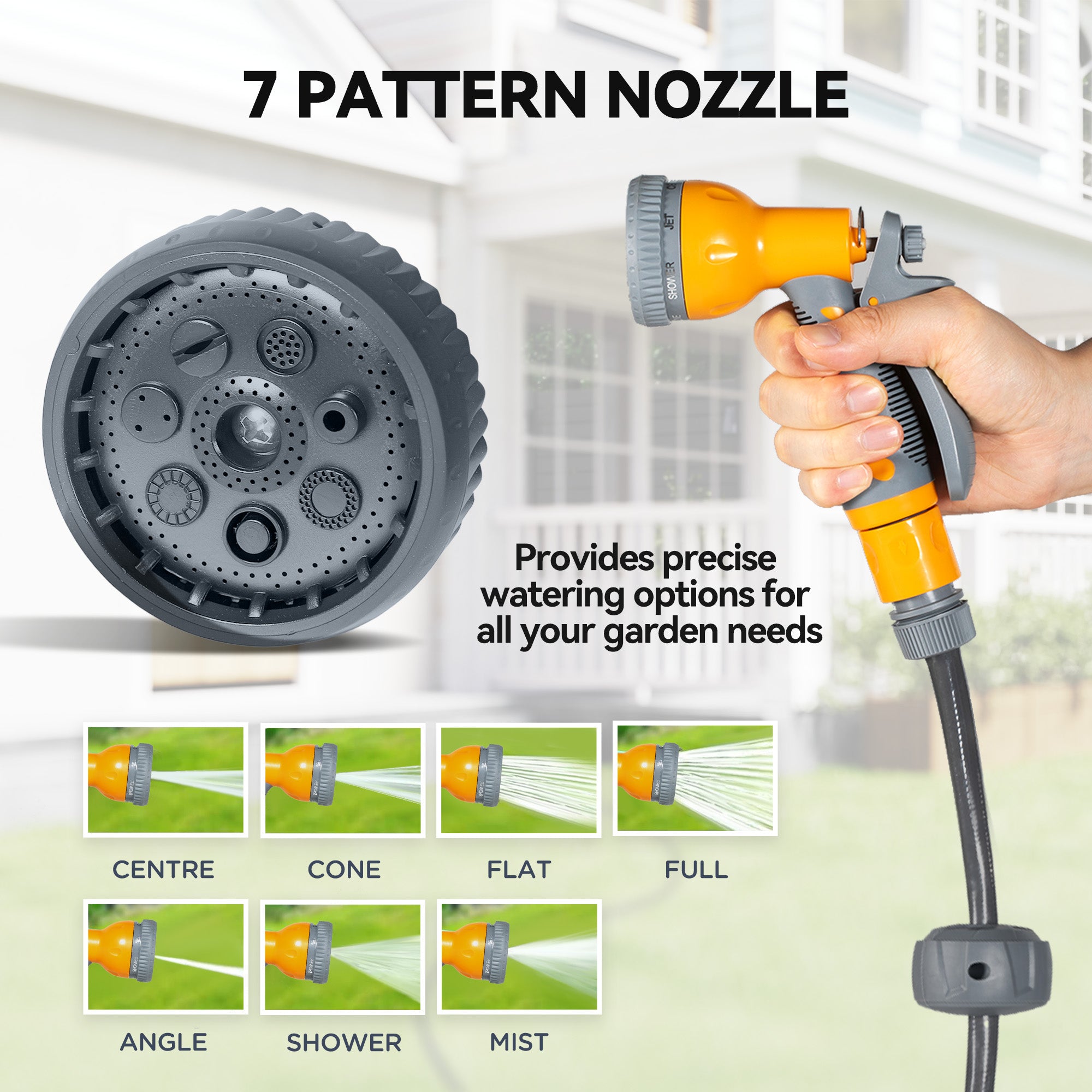 Kozy - Retractable Hose Reel Wall Mounted, 30+2m Garden Hose Pipe Reel with Lock, Auto Rewind, 7 in 1 Spray Nozzle, Includes Wall Fixings, 180° Swivel, Outdoor Watering, Orange