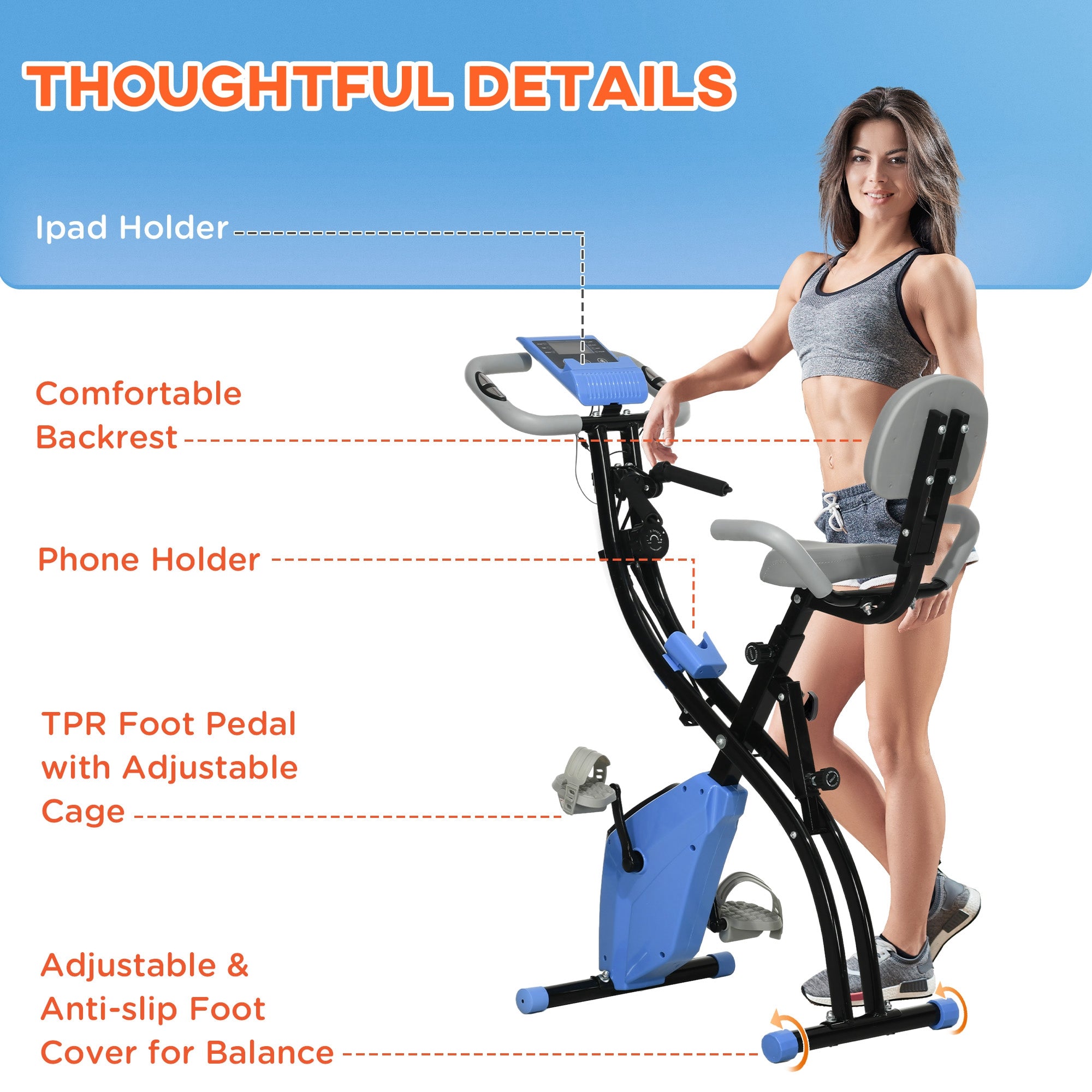 Kozy 2-in-1 Folding Exercise Bike with 8-Level Magnetic Resistance, Arm Resistance Band, Pulse Sensor, Blue