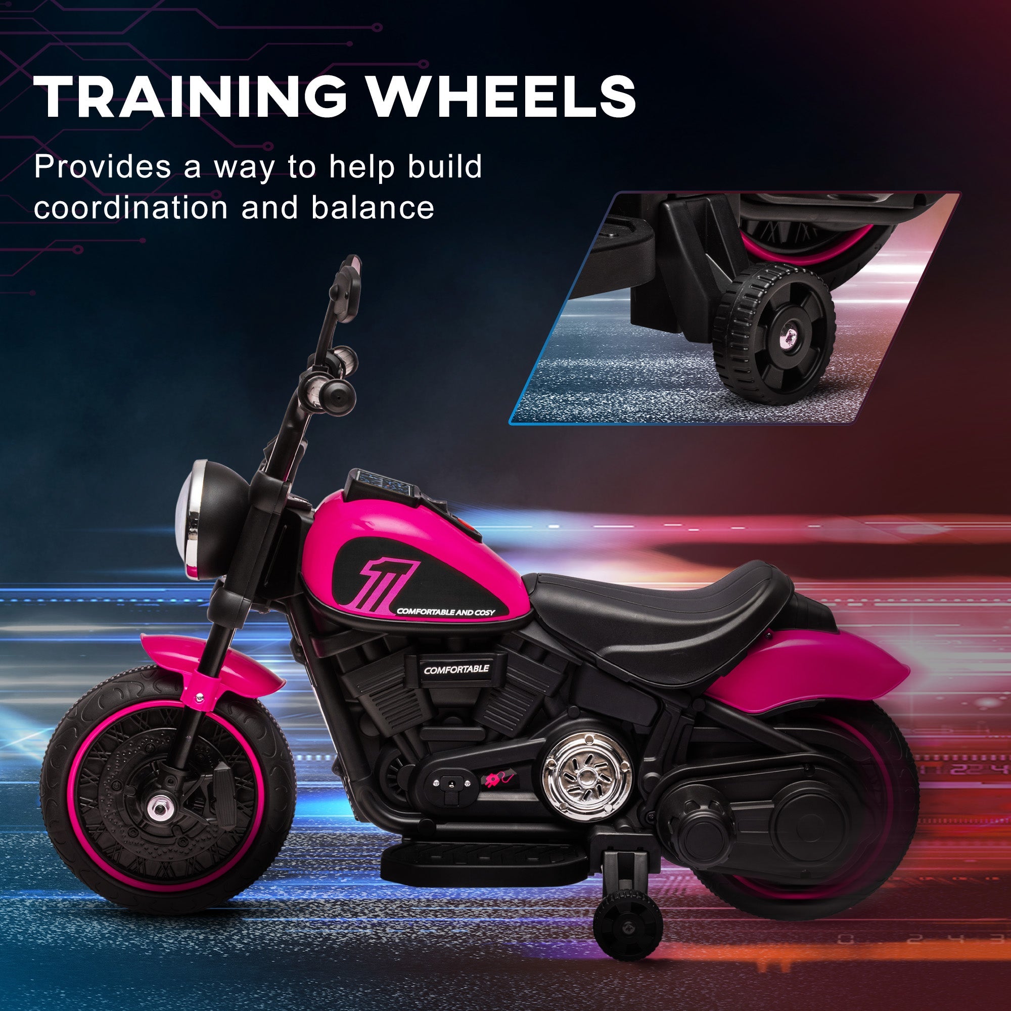 HOMCOM Kids' Electric Motorbike: 6V Ride-On with Training Wheels & Push-Start, Pretty in Pink | Aosom UK