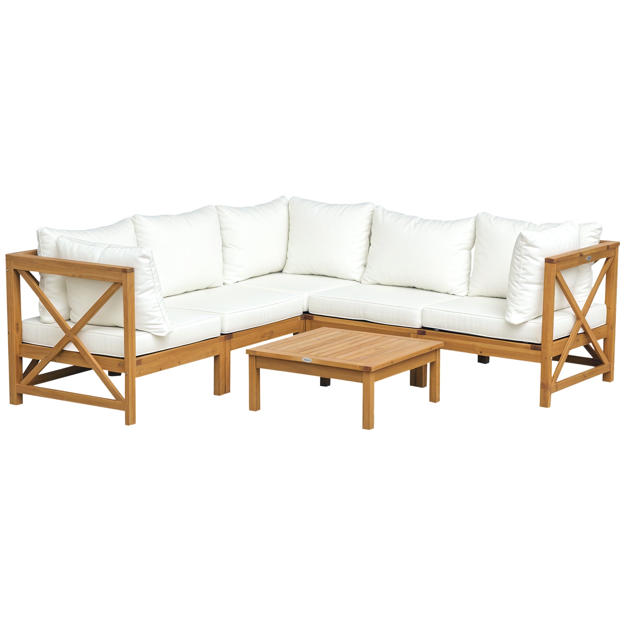 Kozy 6 PCS Elegant Wood Frame Outdoor Patio Dining Set w/ Cushions Coffee Table Garden Furniture Sofa Comfort Balcony Patio Cream White