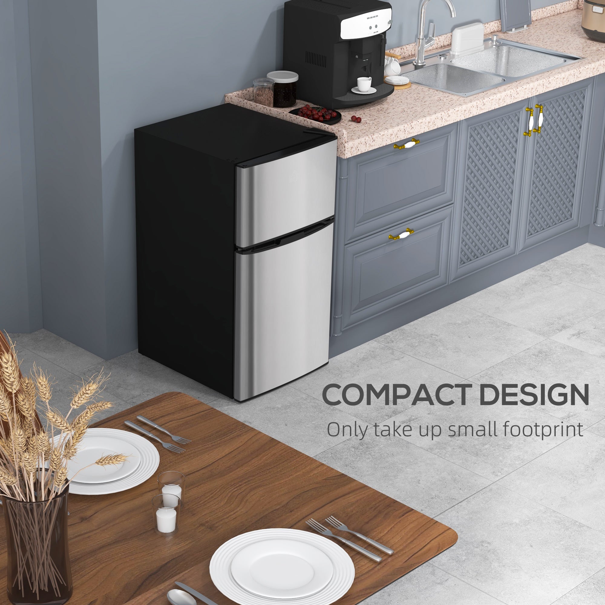 Kozy - 88L Under Counter Fridge Freezer, Small Refrigerator with 5-Setting, 3 Star Freezer Rating, Black and Silver Tone