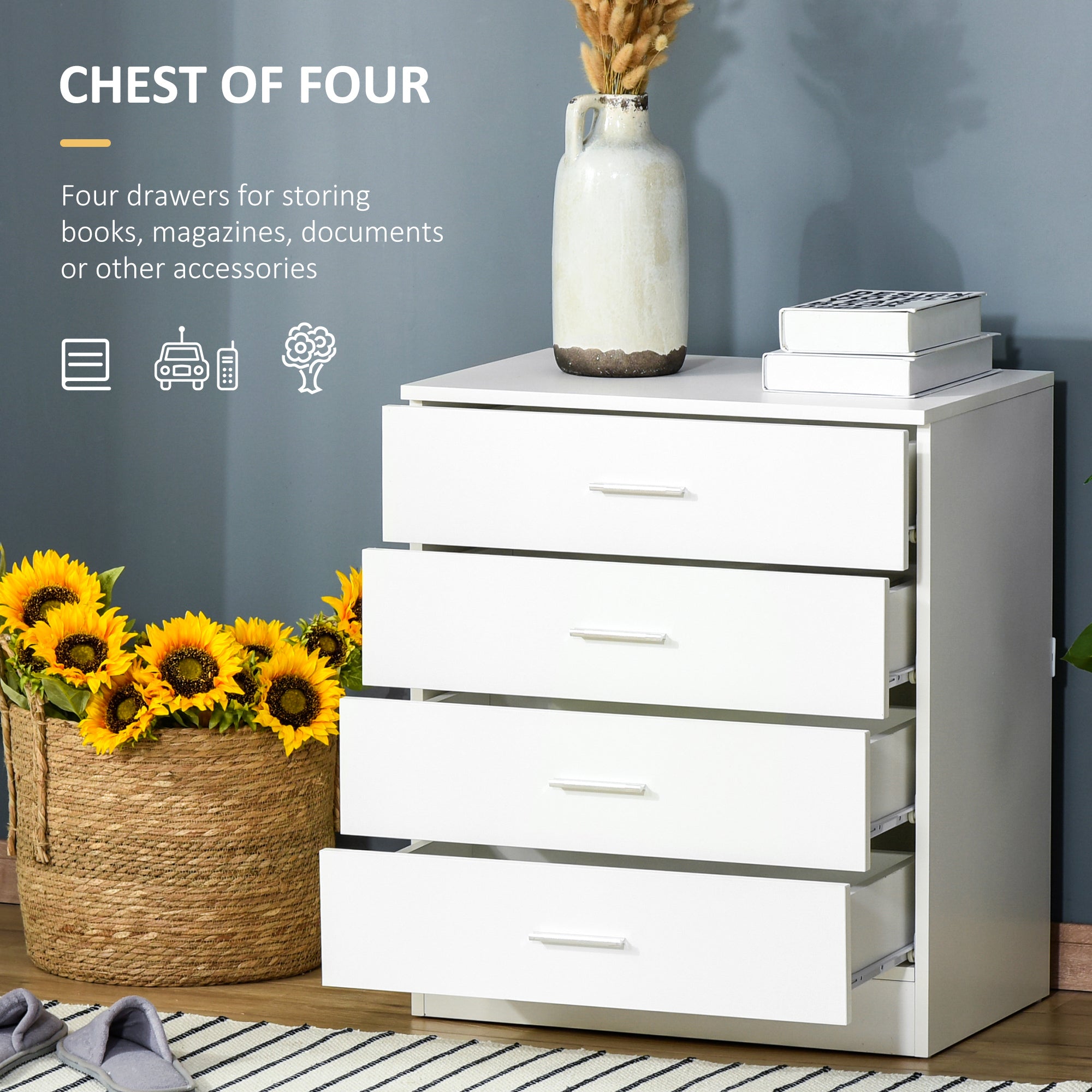 Kozy Chest of Drawers, 4 Drawers Storage Cabinet with Metal Rails, Anti-Tip for Playroom, Nursery Room, Hallway, etc