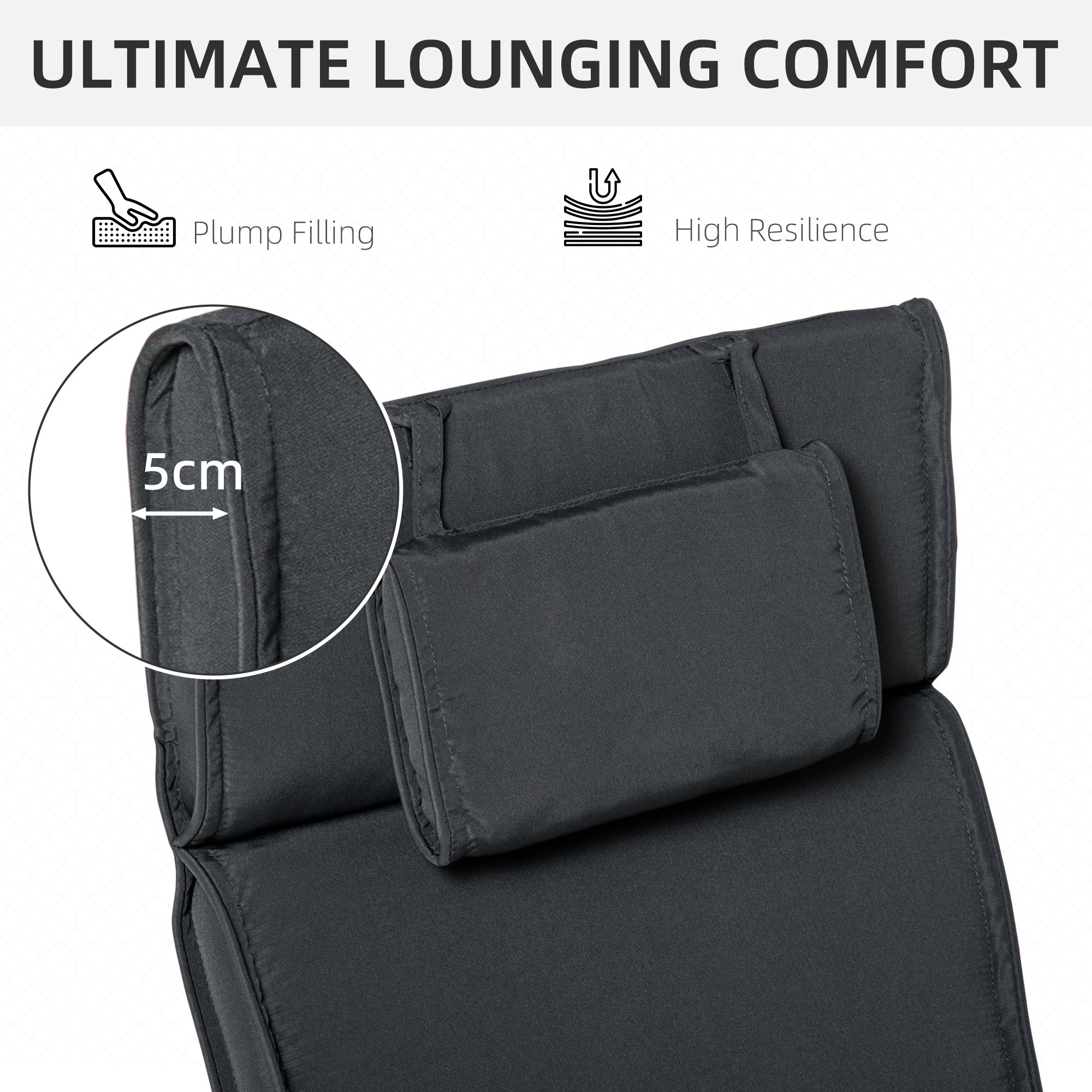 Outsunny Outdoor Chair Cushions Garden Sun Lounger Cushion Replacement Thick Sunbed Reclining Chair Relaxer Pad with Pillow