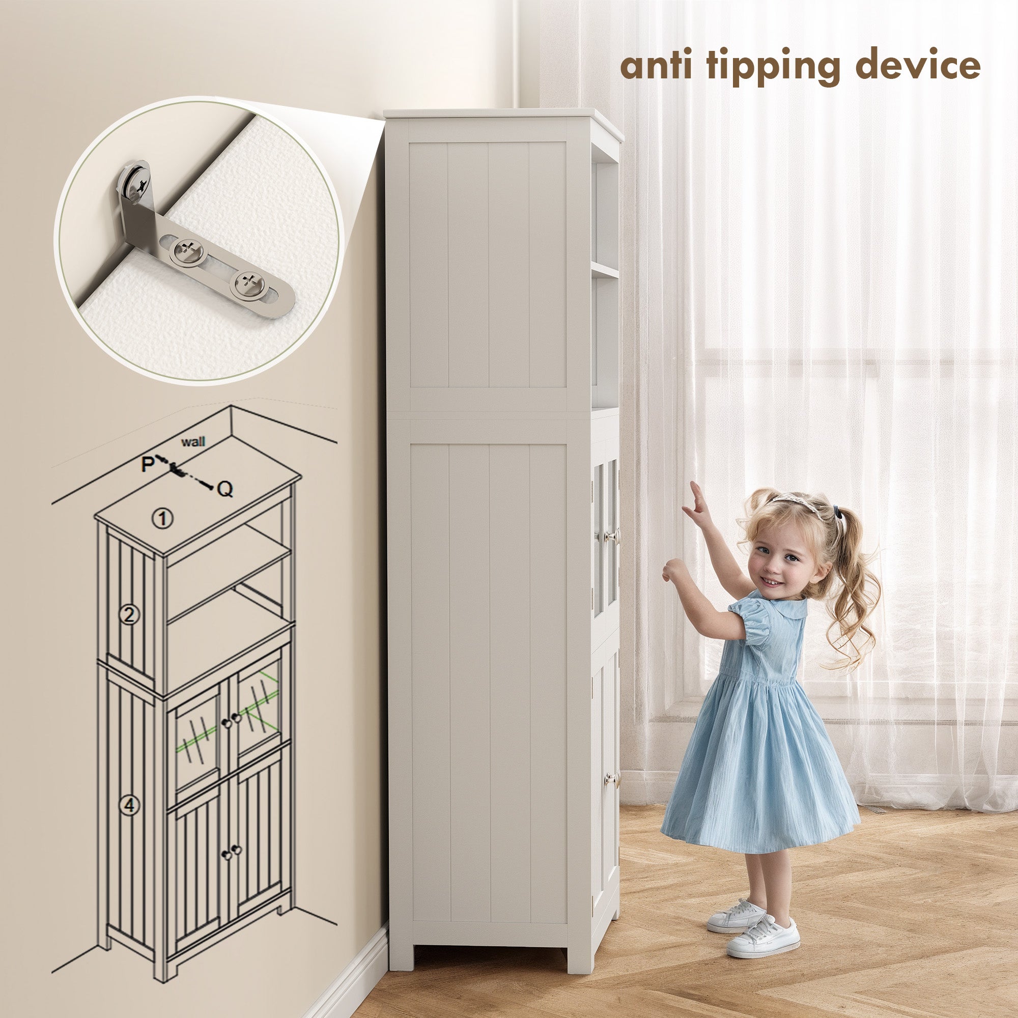 Kozy Freestanding Kitchen Cupboard, 4-Door Storage Cabinet with Adjustable Shelf and Glass Doors for Dining Room, Living Room, White