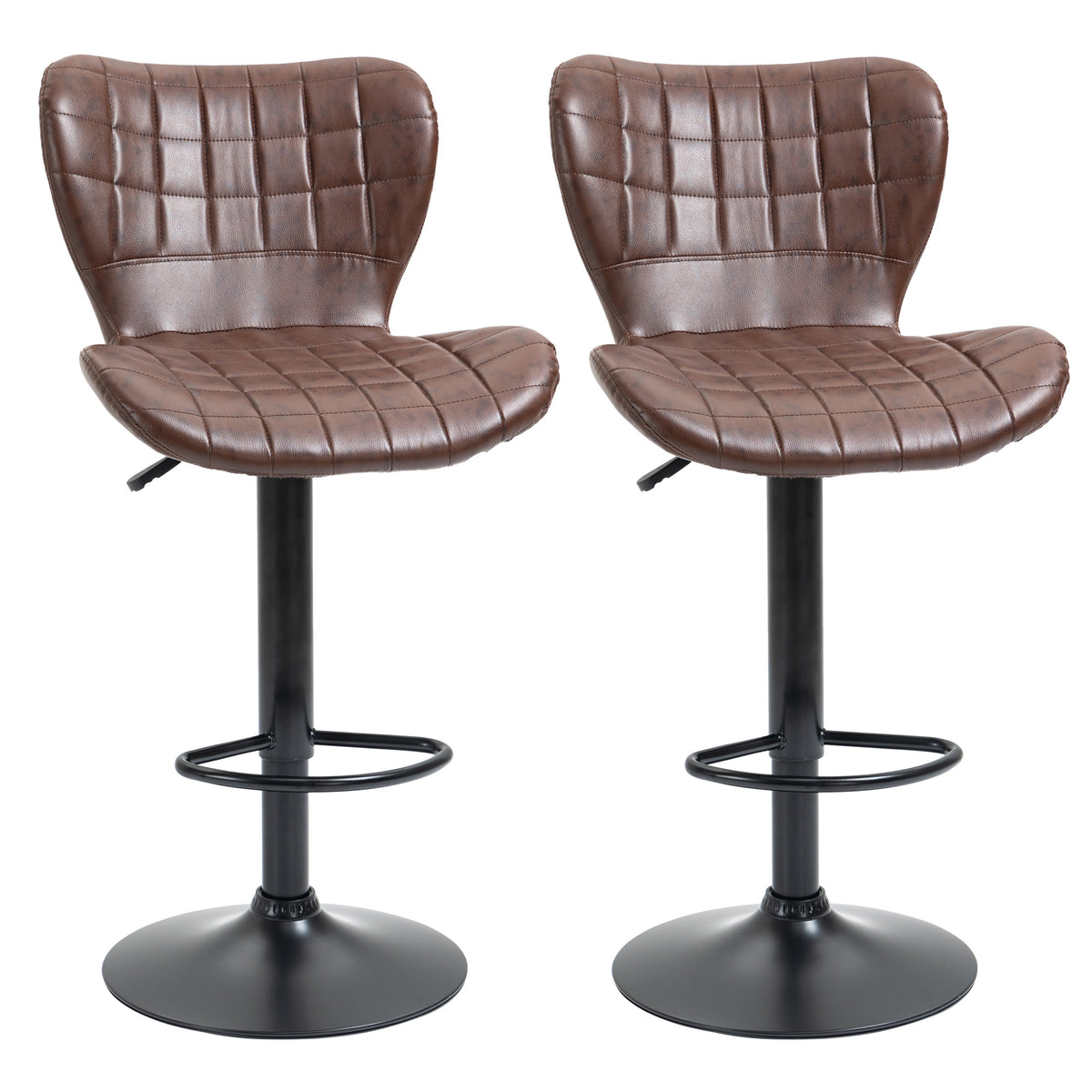 Kozy Bar Stools Set of 2 Adjustable Height Swivel Bar Chairs in PU Leather with Backrest & Footrest, Brown