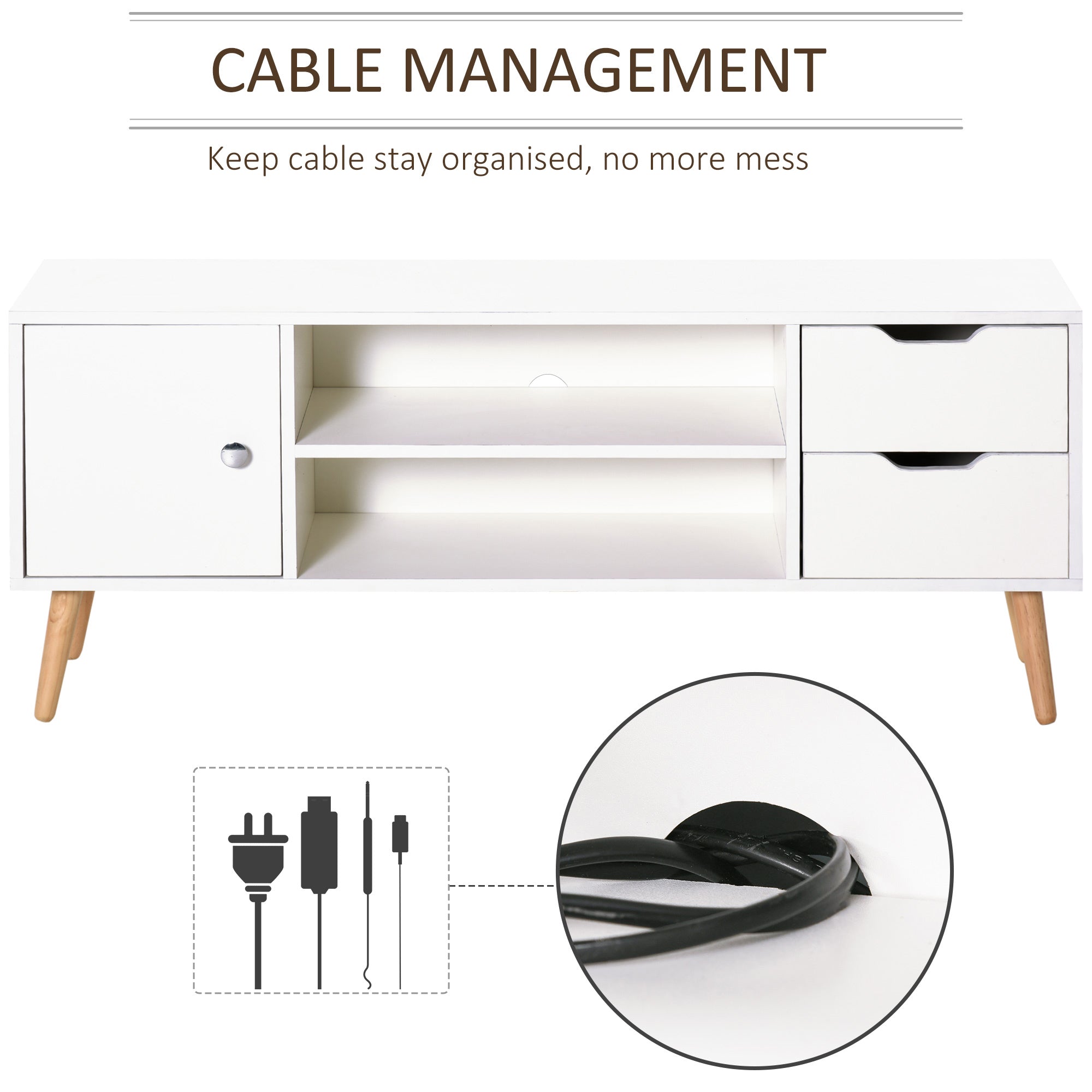 Kozy TV Stand for TVs up to 50", TV Console Cabinet with Open Storage Shelf and Drawers for Living Room, Entertainment Room and Bedroom, White