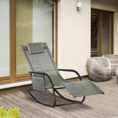 Kozy Outdoor Garden Rocking Chair, Patio Sun Lounger Rocker Chair with Breathable Mesh Fabric, Removable Headrest Pillow, Armrest, Side Storage Bag, Dark Grey