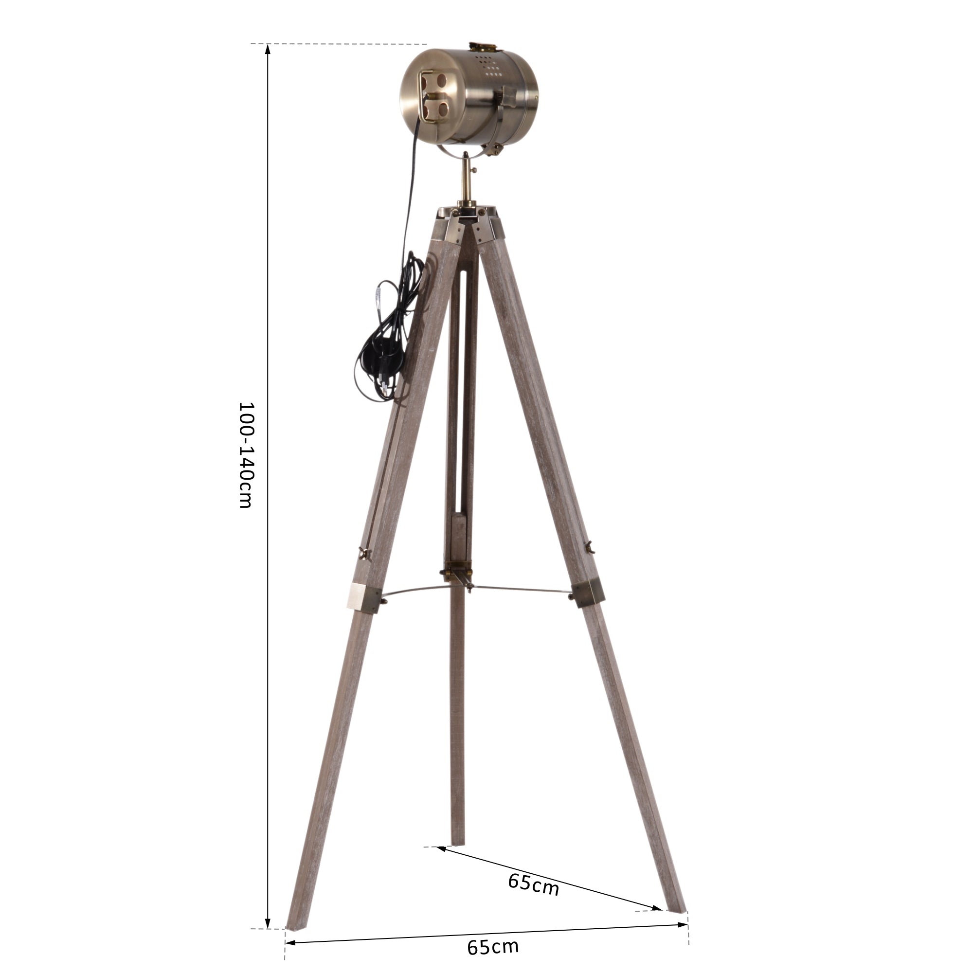 HOMCOM Vintage Tripod Floor Lamp Retro Industrial Photography Light Spotlight Antique Searchlight Wooden Base