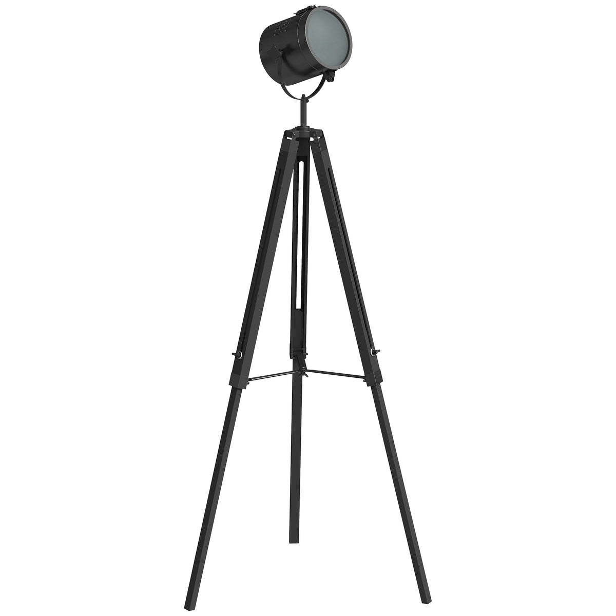 Kozy - Industrial Tripod Floor Lamp, Nautical Searchlight with Adjustable Height, Wood Legs, E14 Lamp Base for Living Room, Bedroom, Black