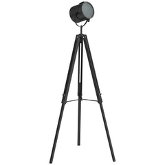 Kozy - Industrial Tripod Floor Lamp, Nautical Searchlight with Adjustable Height, Wood Legs, E14 Lamp Base for Living Room, Bedroom, Black
