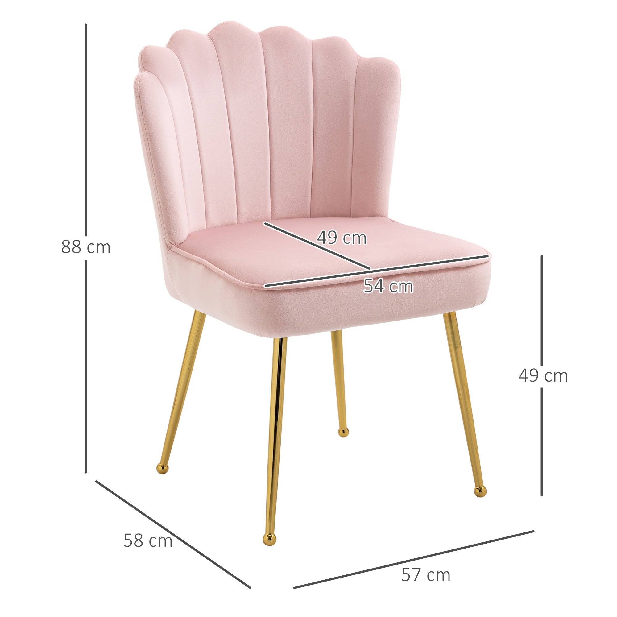 Velvet-Feel Shell Luxe Accent Chair, HOMCOM Glam Vanity Chair Makeup Seat, Home Bedroom Lounge with Metal Legs Comfort Padding, Pink | Aosom UK