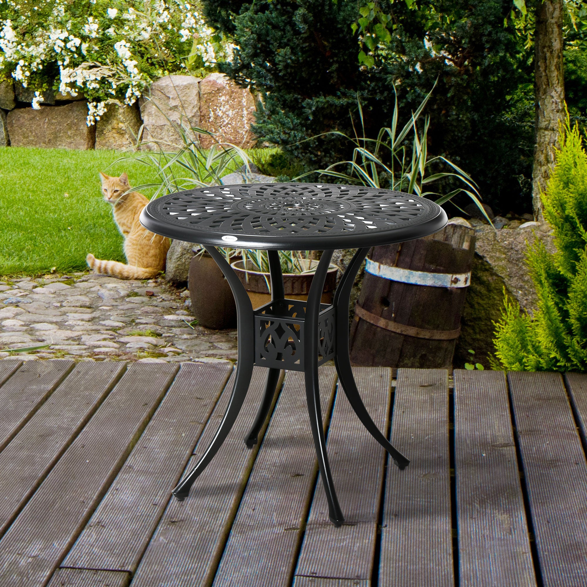 Kozy 78 cm Round Garden Dining Table with Parasol Hole Antique Cast Aluminium Outdoor Table Only, Black
