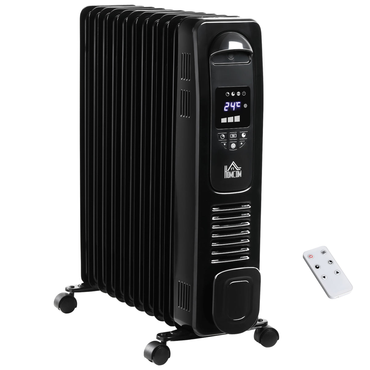 Kozy 2500W Digital Display Oil Filled Radiator, 11 Fin Portable Electric Heater with Timer, Adjustable Thermostat, Three Heat settings, Safety Cut Off, Remote, Black