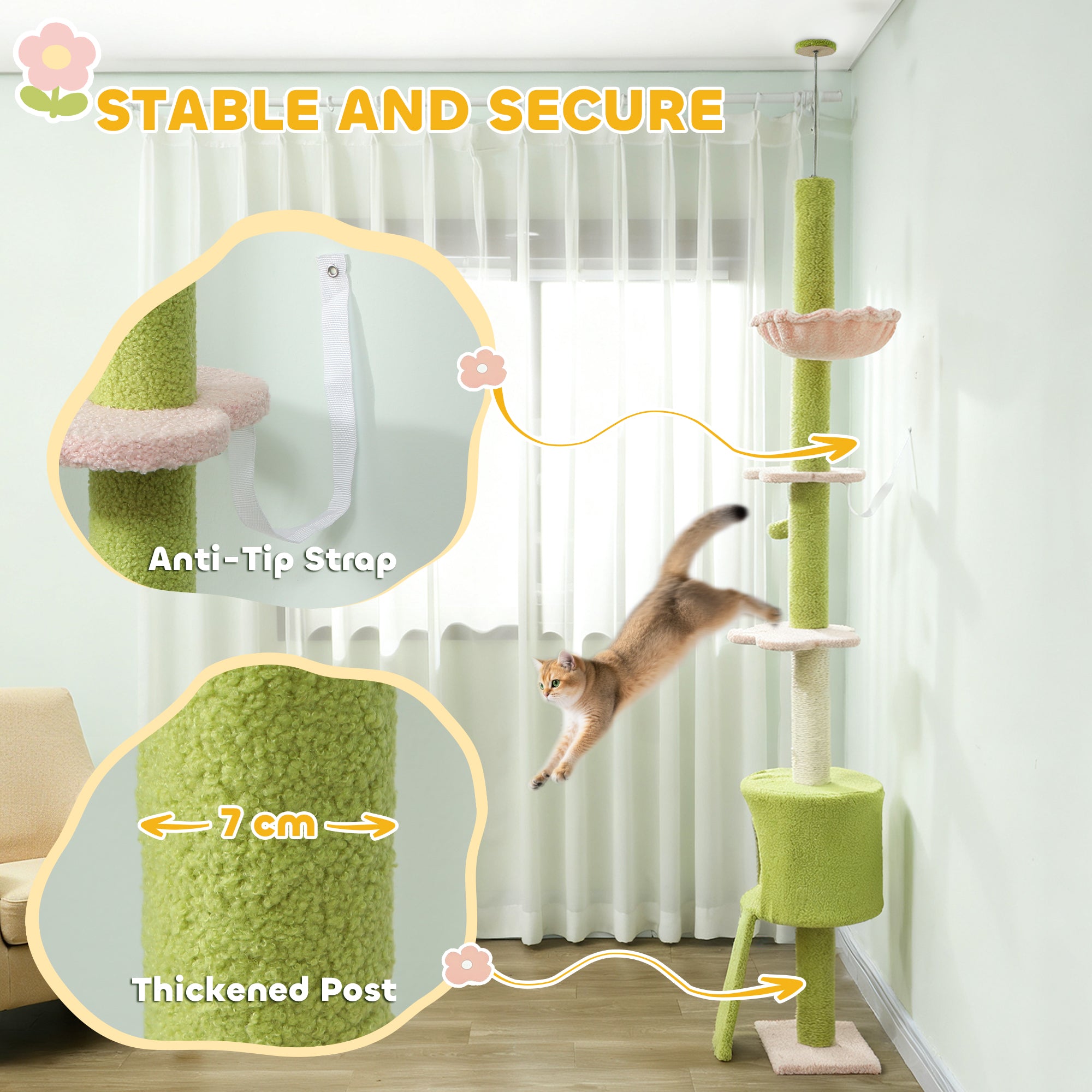 Kozy - 220-240 cm Floor to Ceiling Cat Tree Adjustable Height with Hammock, Condo, Scratching Posts, Green