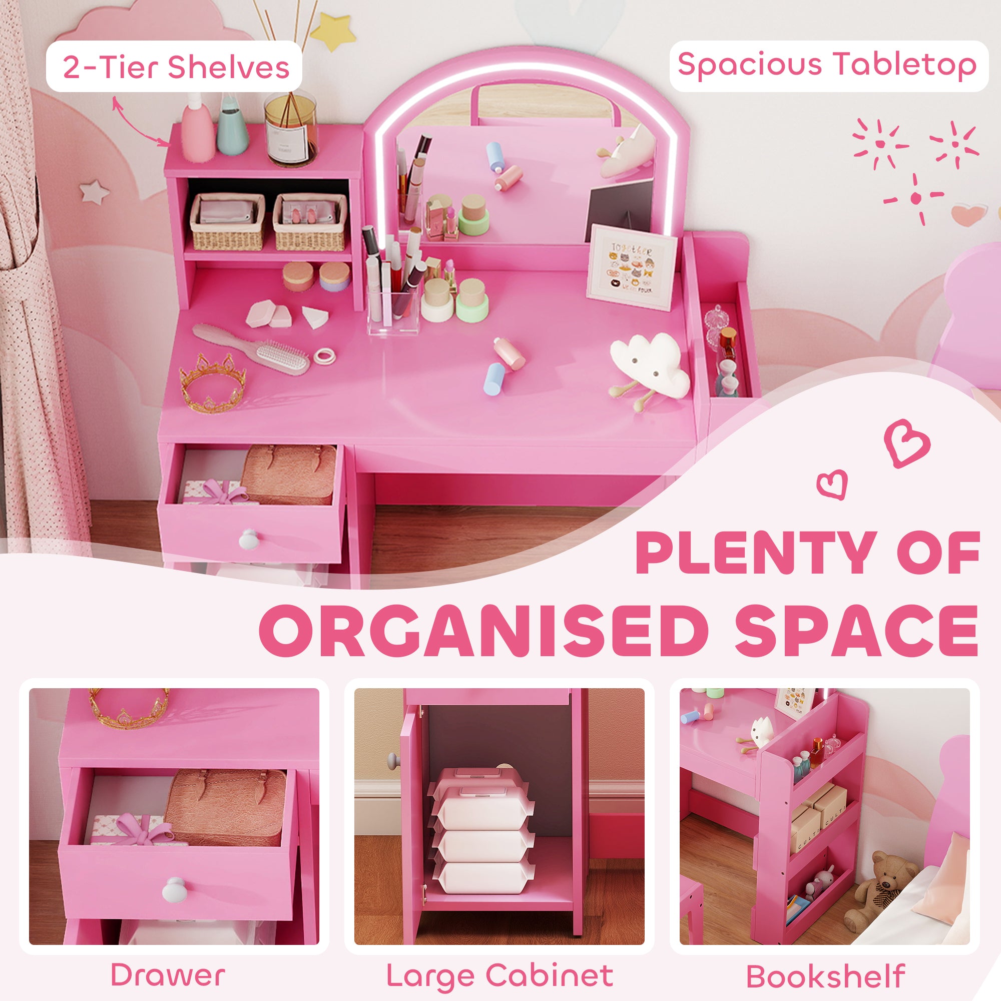 Kozy Kids Vanity Table and Chair Set, Girls Dressing Table with 2-Colour LED Mirror, Stool, Cabinet, Drawer, Shelves, Pink