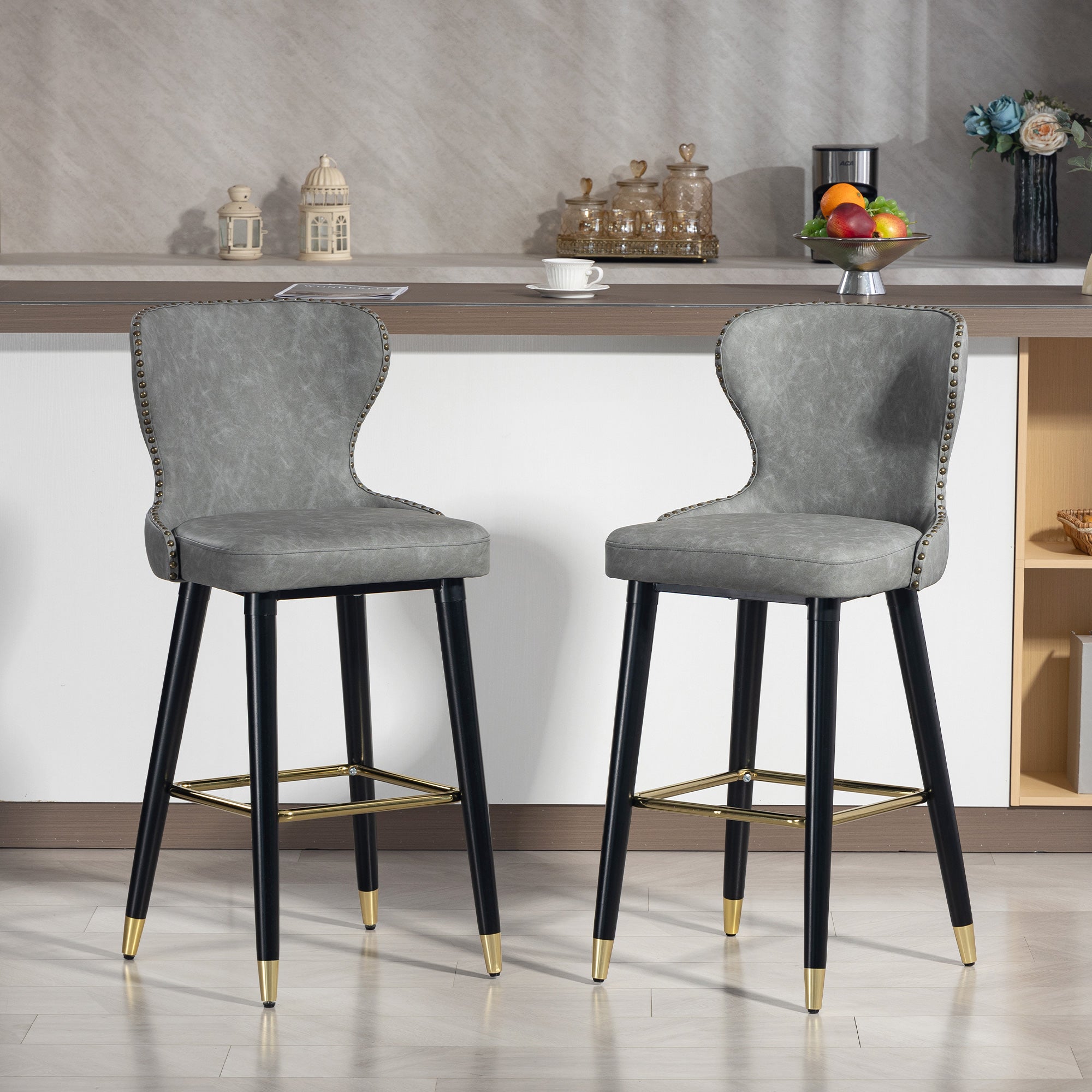 Kozy Bar Stools Set of 2, PU Leather Barstools with Back, Footrest and Wood Legs for Kitchen, Counter, Breakfast Bar, Grey