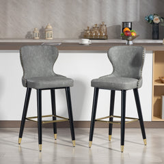 Kozy Bar Stools Set of 2, PU Leather Barstools with Back, Footrest and Wood Legs for Kitchen, Counter, Breakfast Bar, Grey